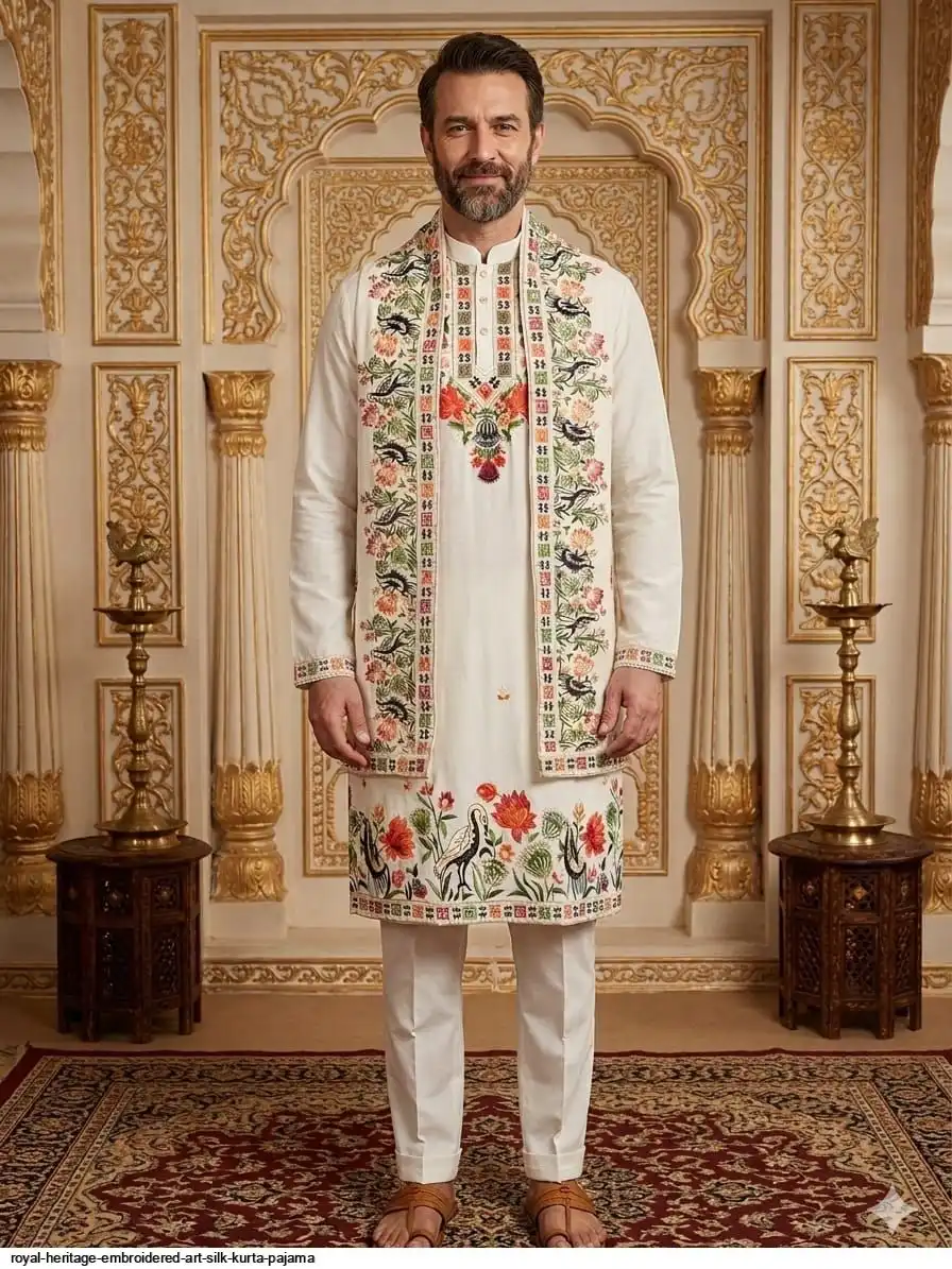 ROYAL HERITAGE EMBROIDERED ART SILK KURTA PAJAMA B