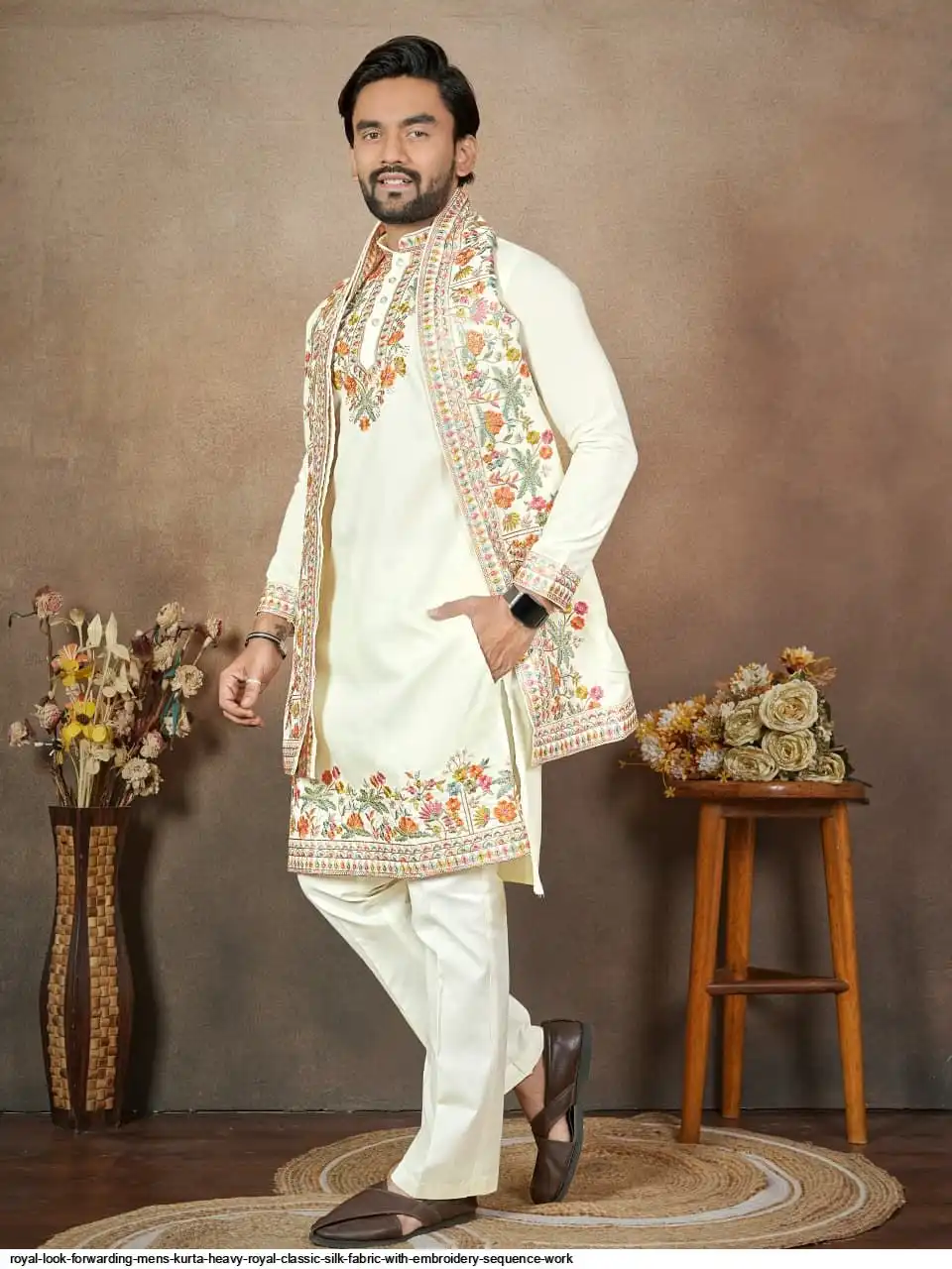 ROYAL LOOK FORWARDING MENS KURTA HEAVY ROYAL CLASSIC SILK FABRIC WITH EMBROIDERY SEQUENCE WORK 2