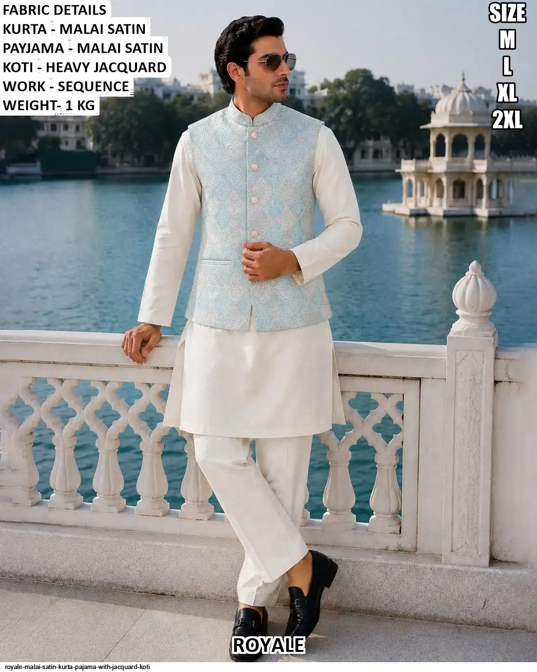 ROYALE MALAI SATIN KURTA PAJAMA WITH JACQUARD KOTI A