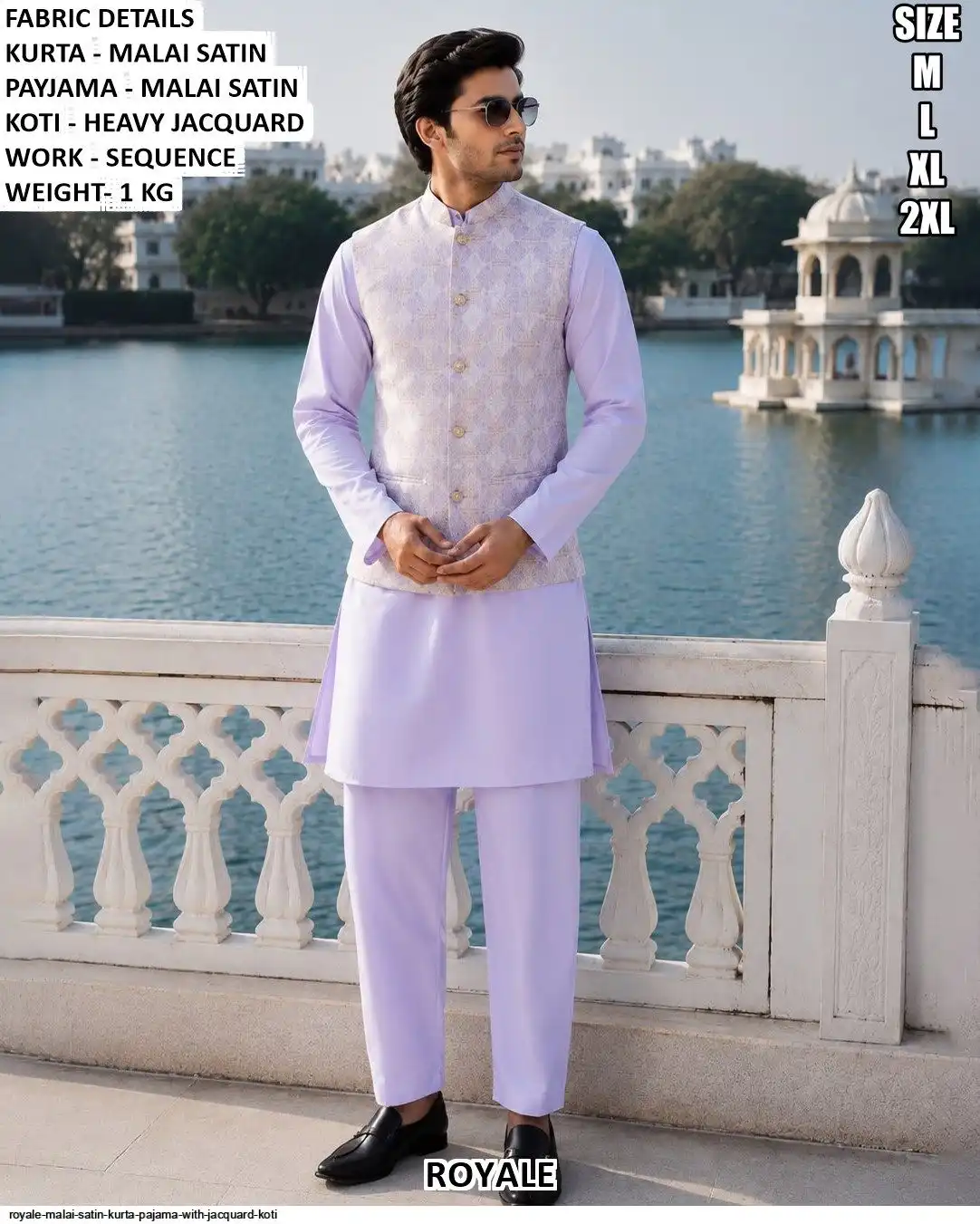 ROYALE MALAI SATIN KURTA PAJAMA WITH JACQUARD KOTI D