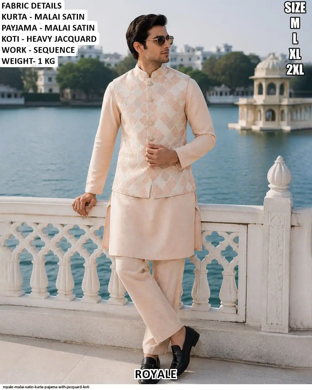 ROYALE MALAI SATIN KURTA PAJAMA WITH JACQUARD KOTI C