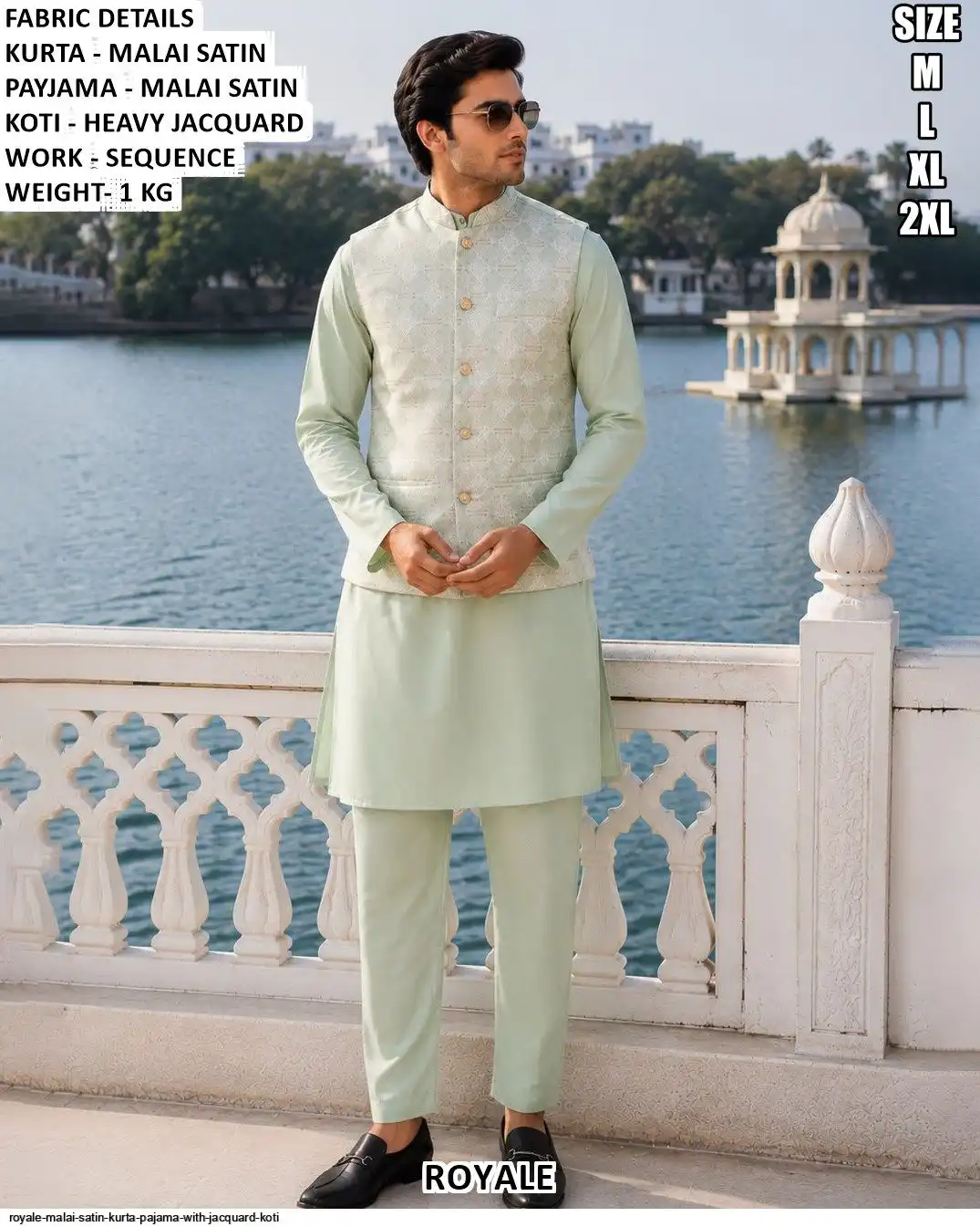 ROYALE MALAI SATIN KURTA PAJAMA WITH JACQUARD KOTI E