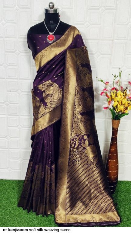 KSS334 Pure Kanjivaram Soft Silk Saree In Blue w/ Purple Border. Fall Peco done. Stitched blouse size: 38 - 46. SILK MARK CERTIFIED main image 0