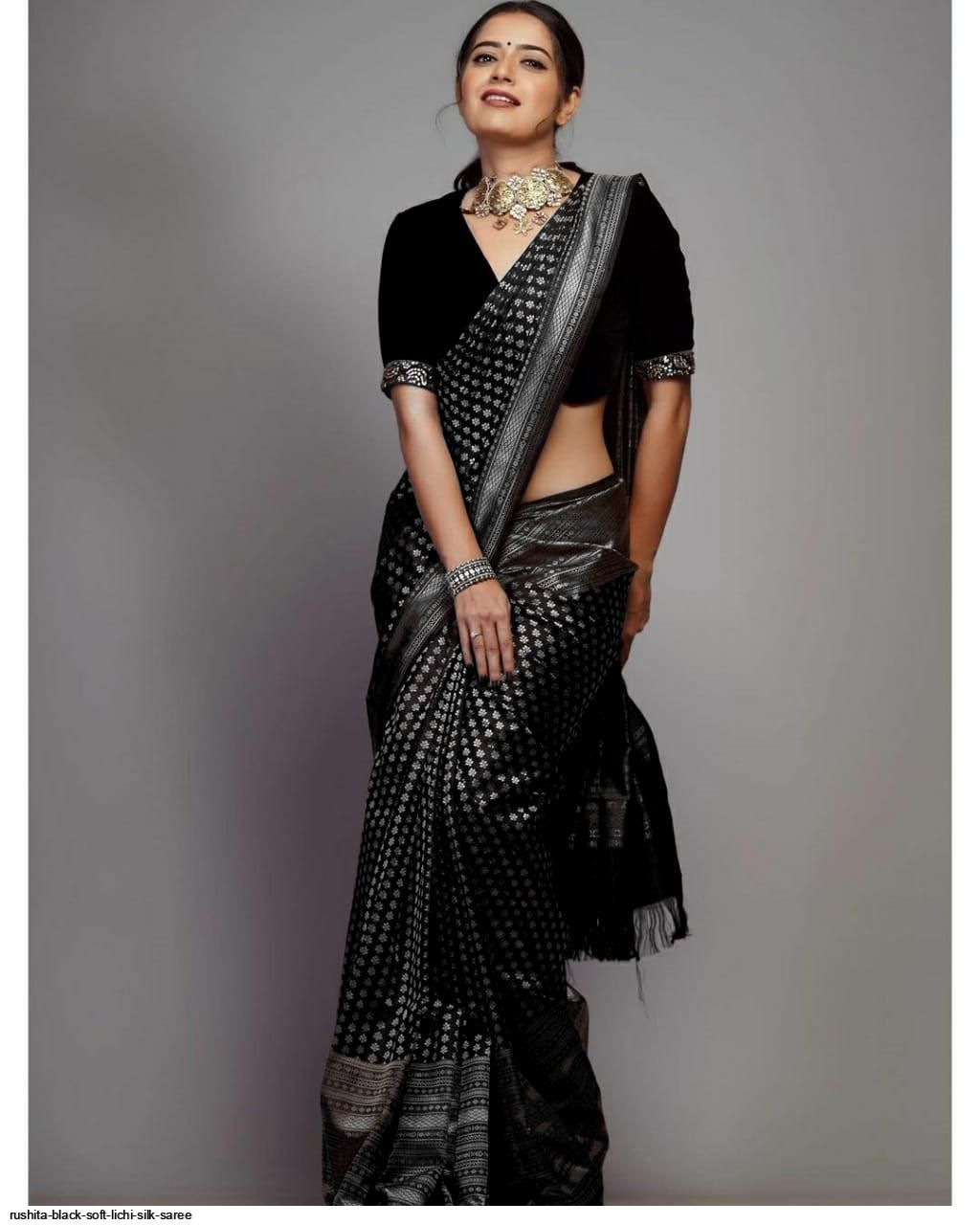 RUSHITA BLACK SOFT LICHI SILK SAREE