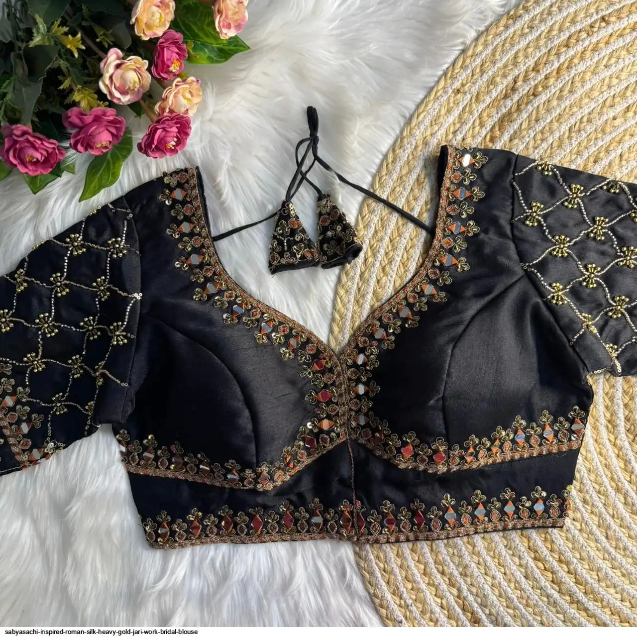 SABYASACHI INSPIRED ROMAN SILK HEAVY GOLD JARI WORK BRIDAL BLOUSE F