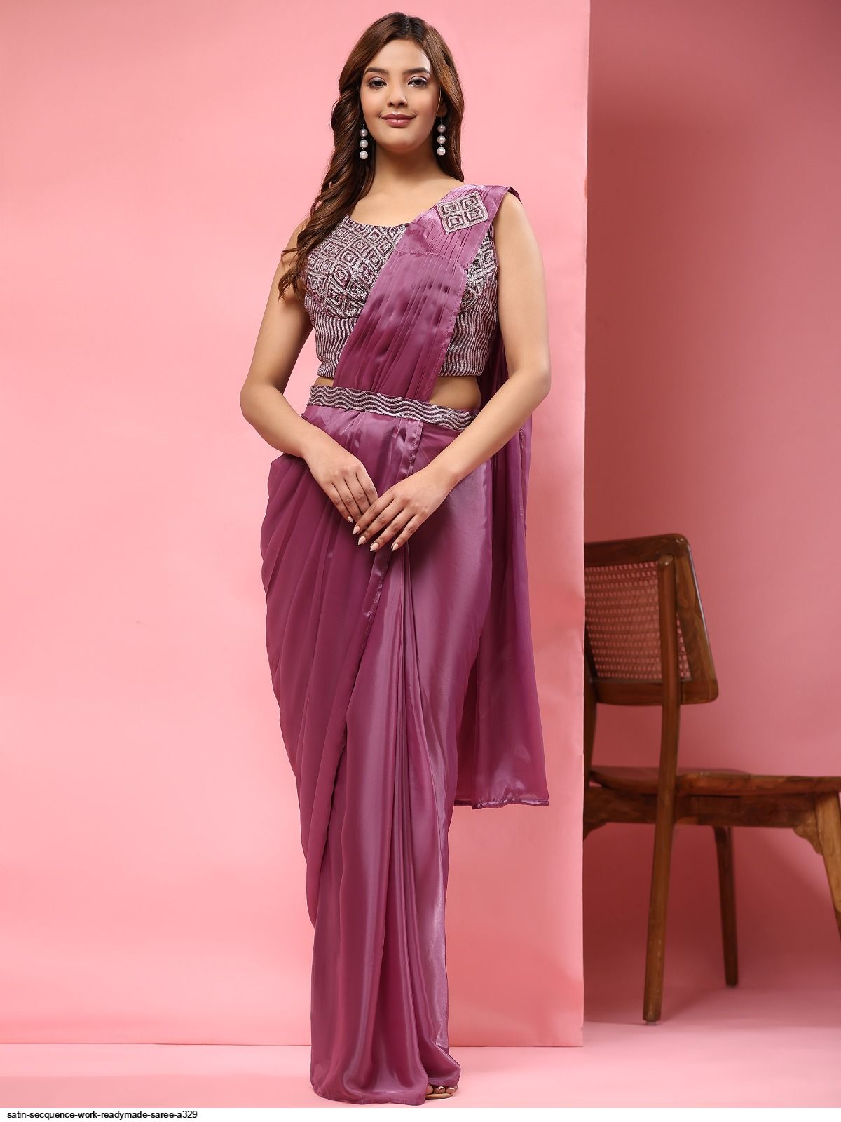 SATIN SECQUENCE WORK READYMADE SAREE A329