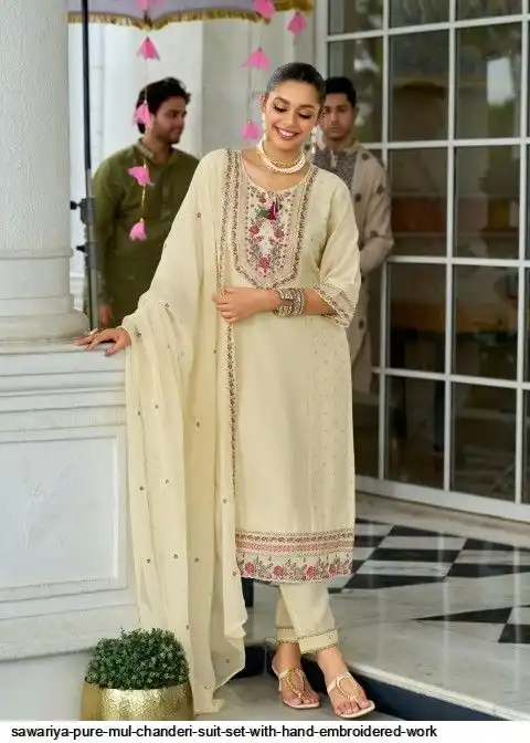 SAWARIYA PURE MUL CHANDERI SUIT SET WITH HAND EMBROIDERED WORK 3