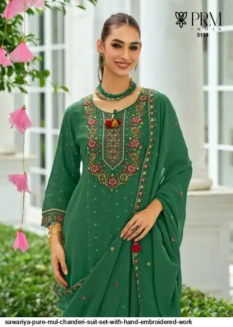 SAWARIYA PURE MUL CHANDERI SUIT SET WITH HAND EMBROIDERED WORK 4