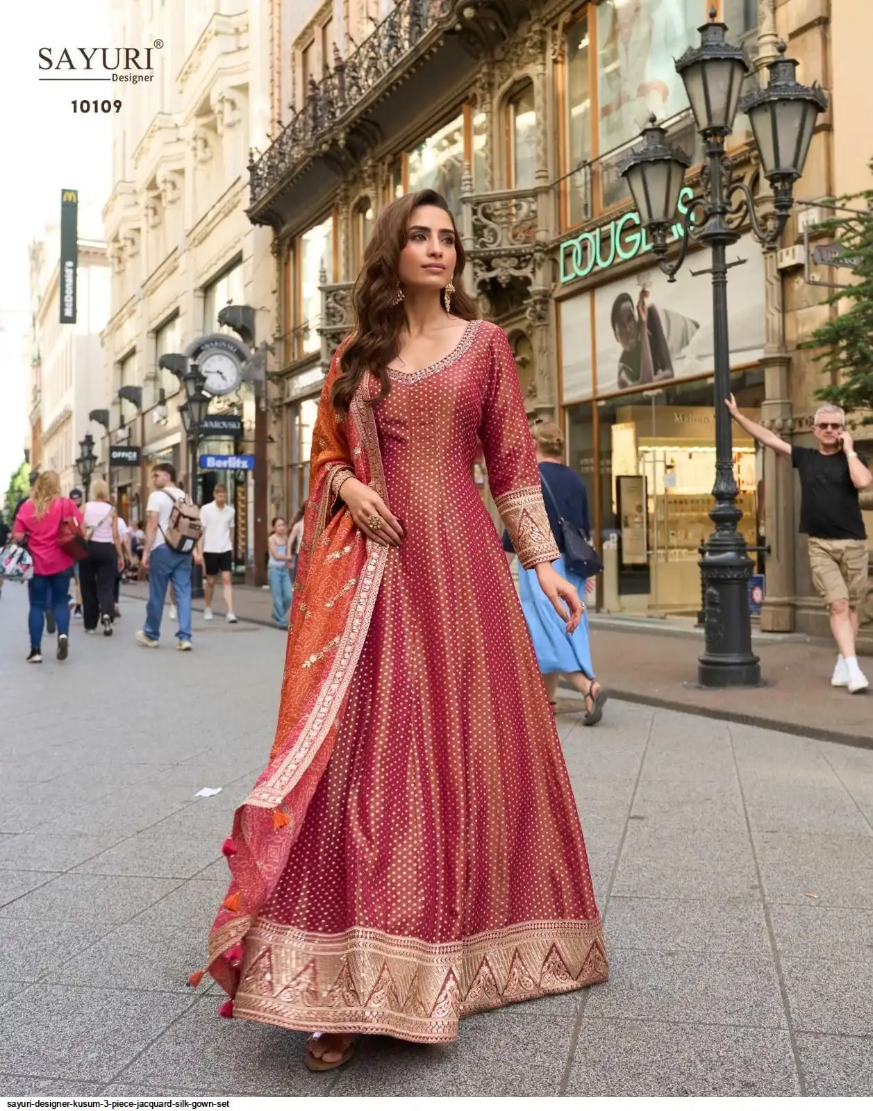 designer jacquard dresses Terani Couture 251M4458 Jacquard Full Sleeves A-Line Dress