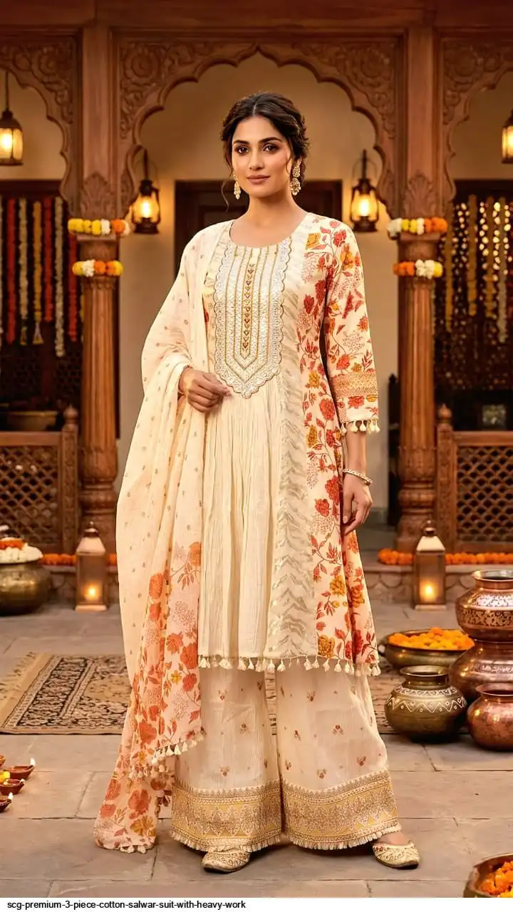 SCG PREMIUM 3 PIECE COTTON SALWAR SUIT WITH HEAVY WORK K