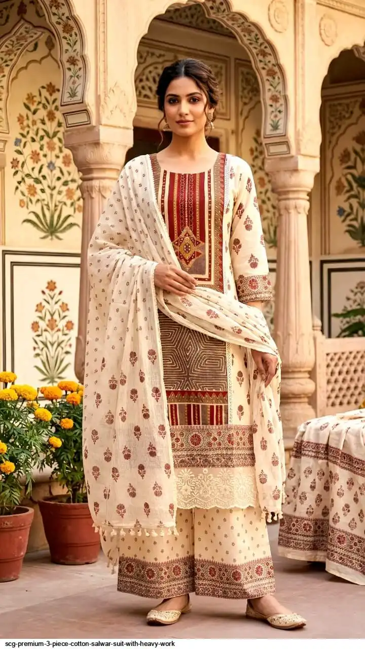 SCG PREMIUM 3 PIECE COTTON SALWAR SUIT WITH HEAVY WORK A