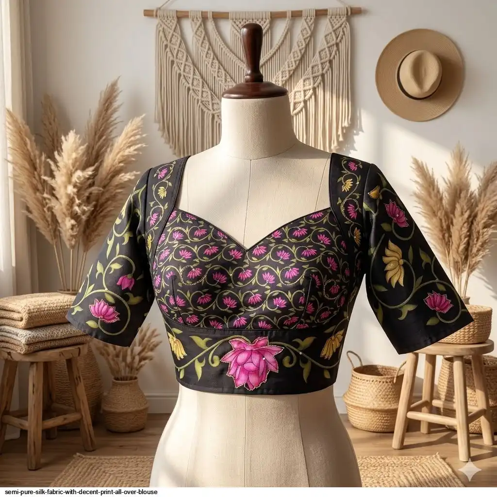 SEMI PURE SILK FABRIC WITH DECENT PRINT ALL OVER BLOUSE E