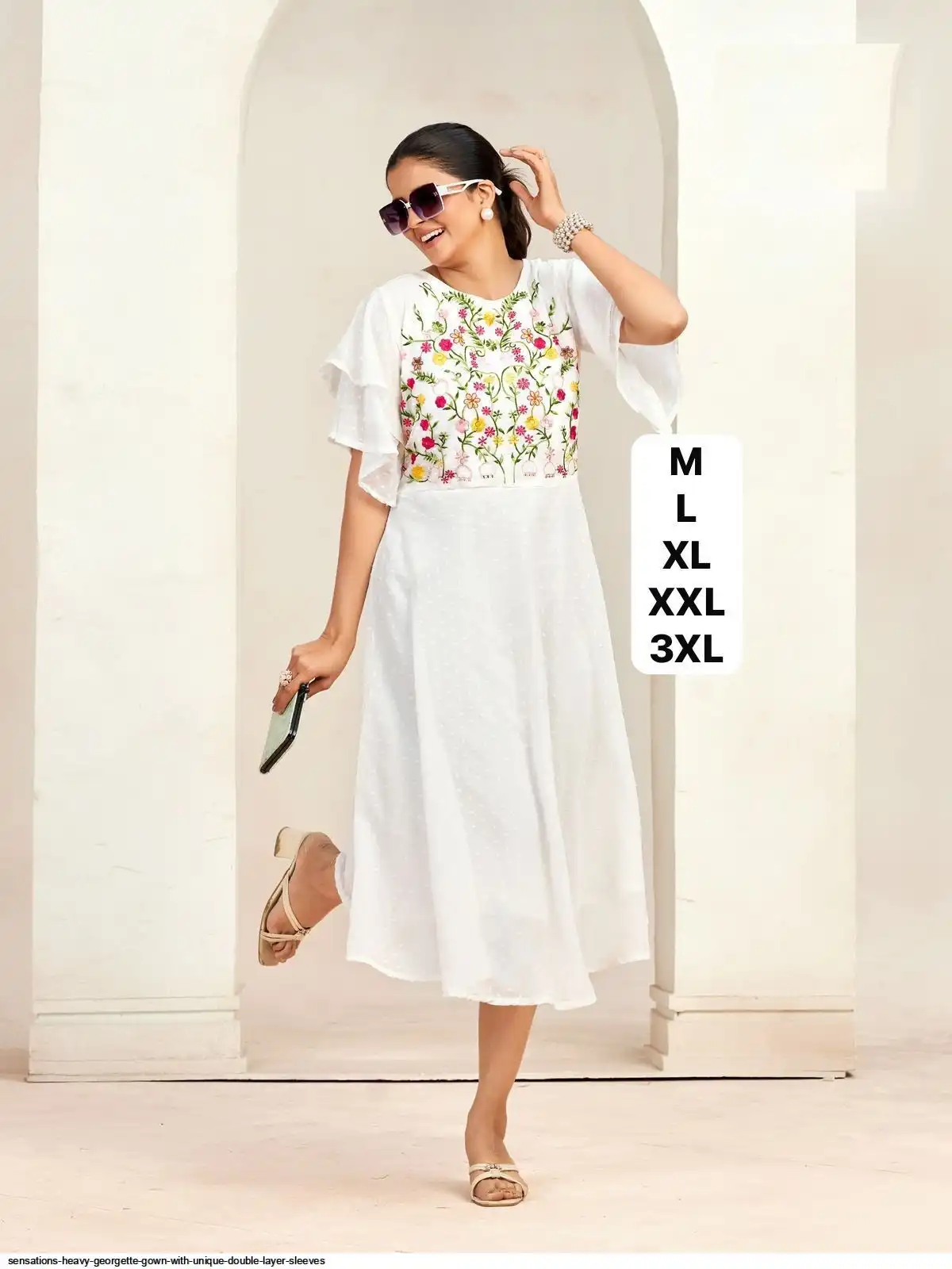 SENSATIONS HEAVY GEORGETTE GOWN WITH UNIQUE DOUBLE LAYER SLEEVES B