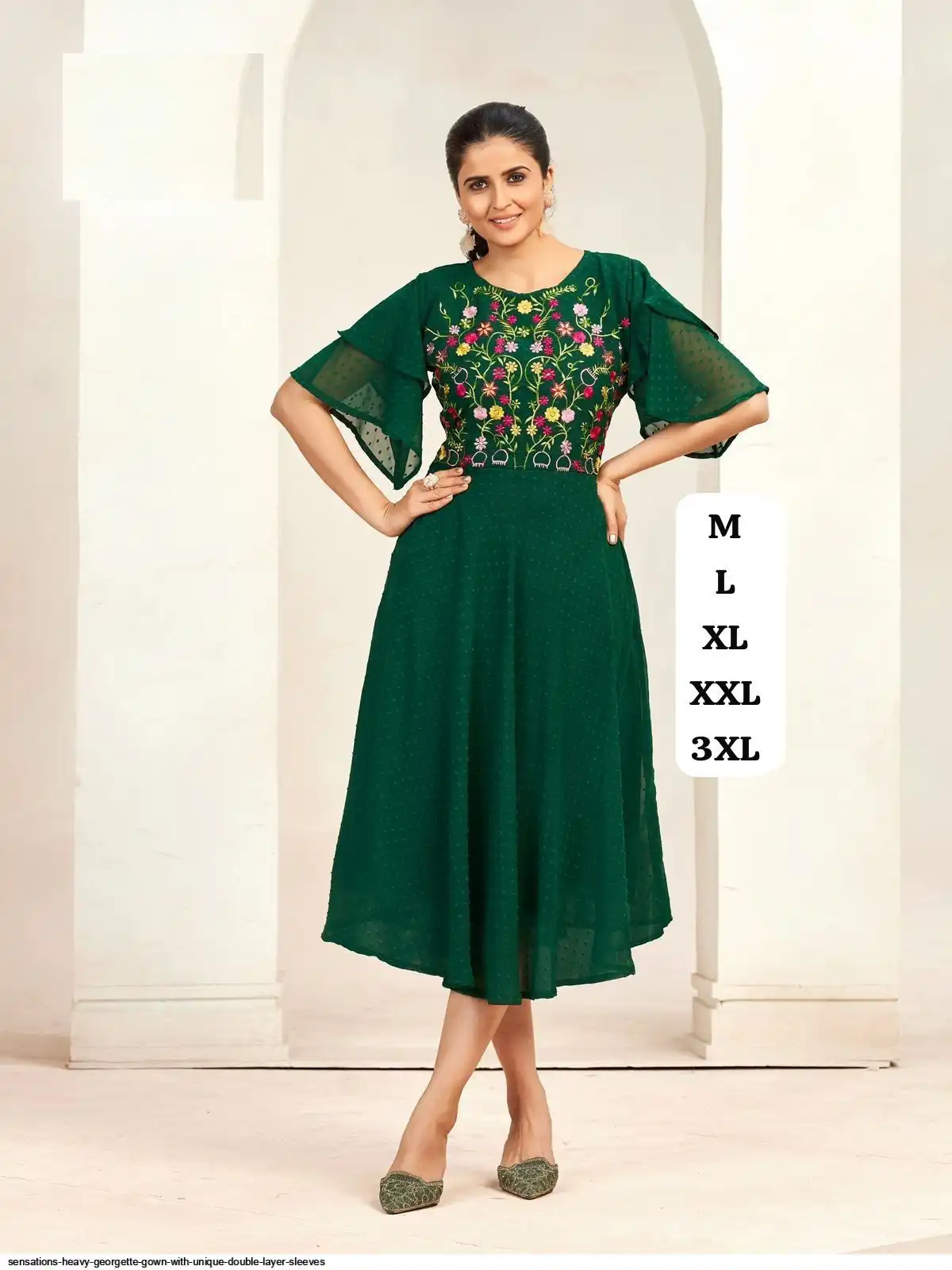SENSATIONS HEAVY GEORGETTE GOWN WITH UNIQUE DOUBLE LAYER SLEEVES C