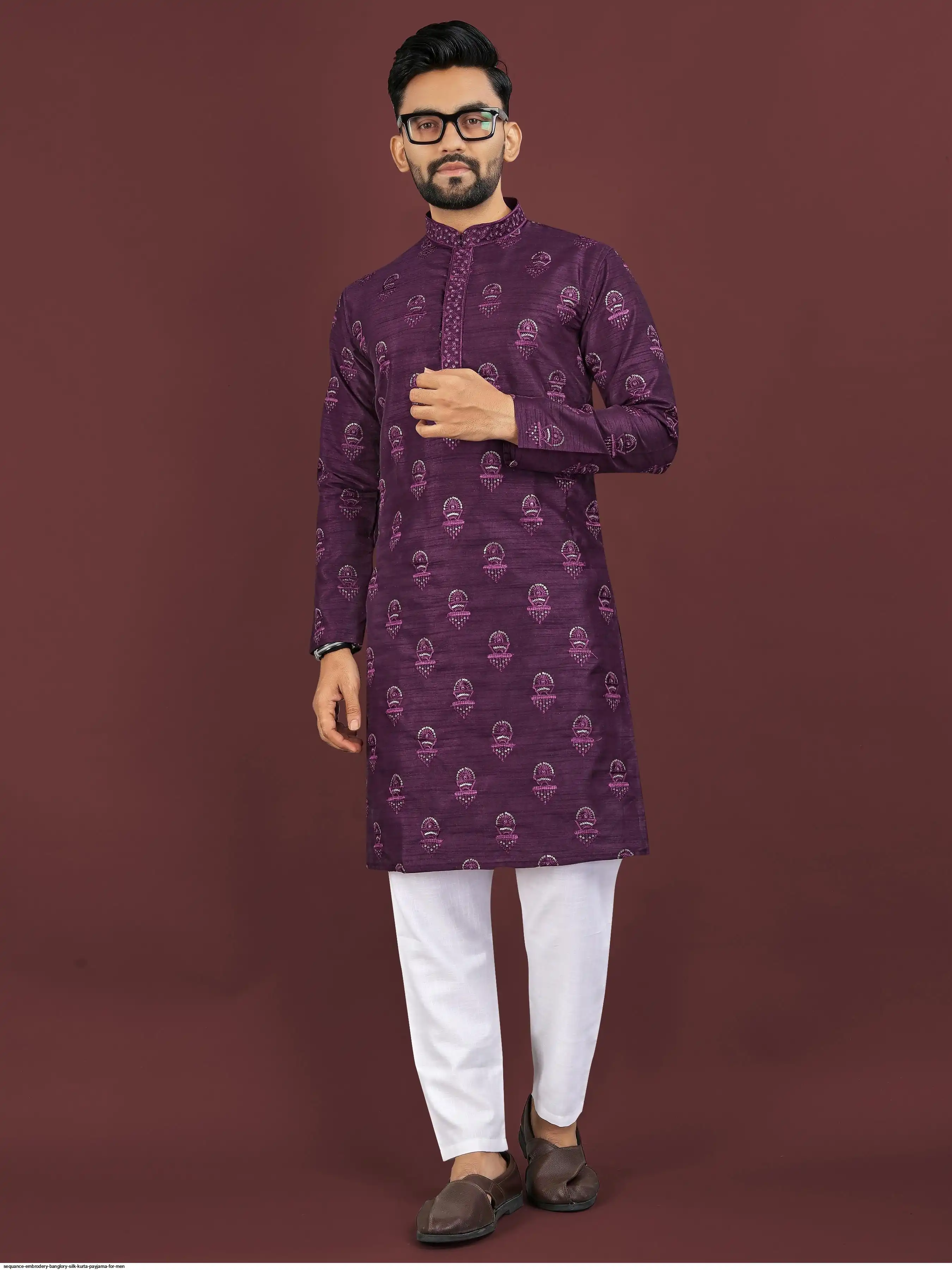 SEQUANCE EMBRODERY BANGLORY SILK KURTA PAYJAMA FOR MEN 2