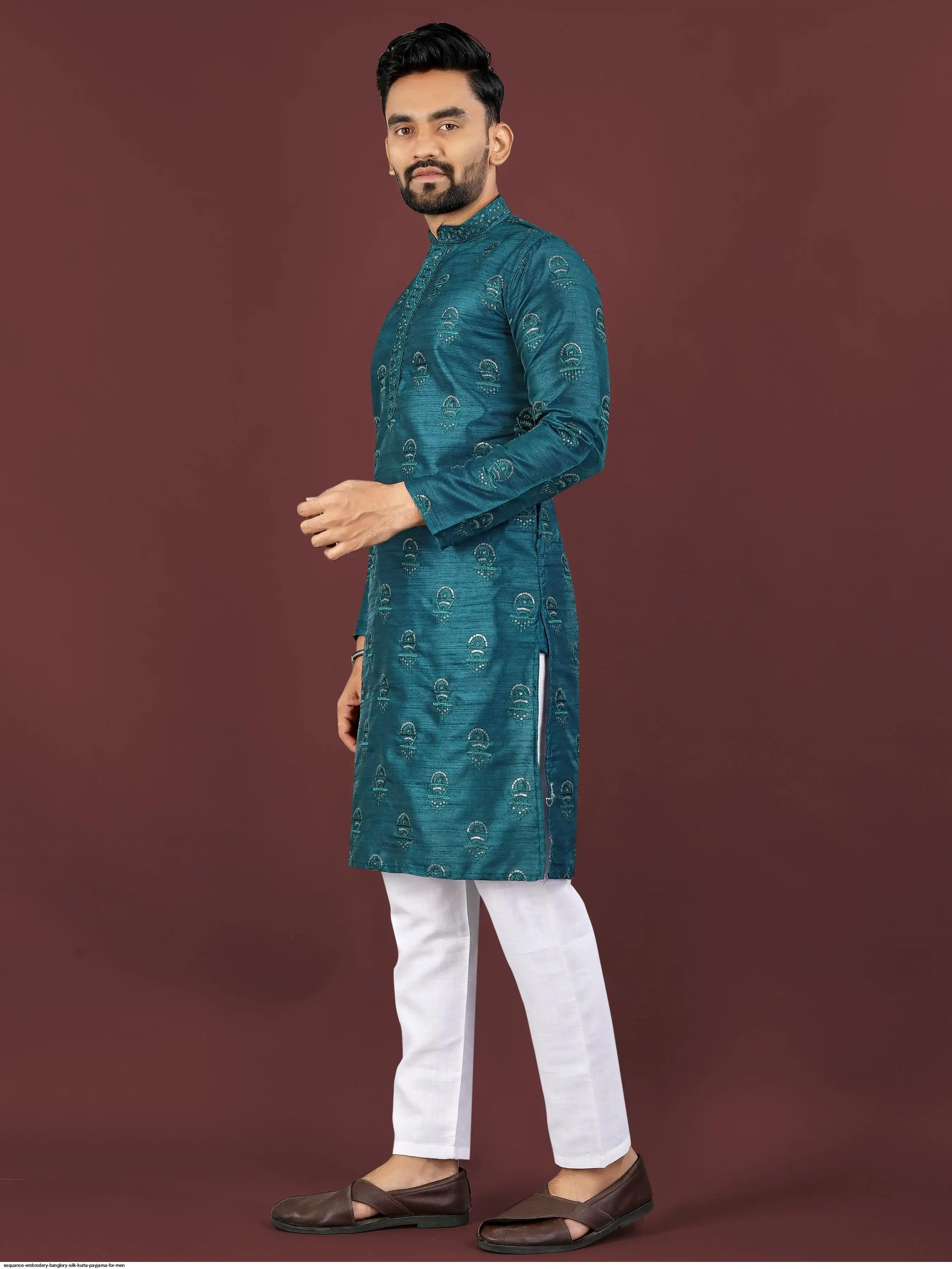 SEQUANCE EMBRODERY BANGLORY SILK KURTA PAYJAMA FOR MEN 3