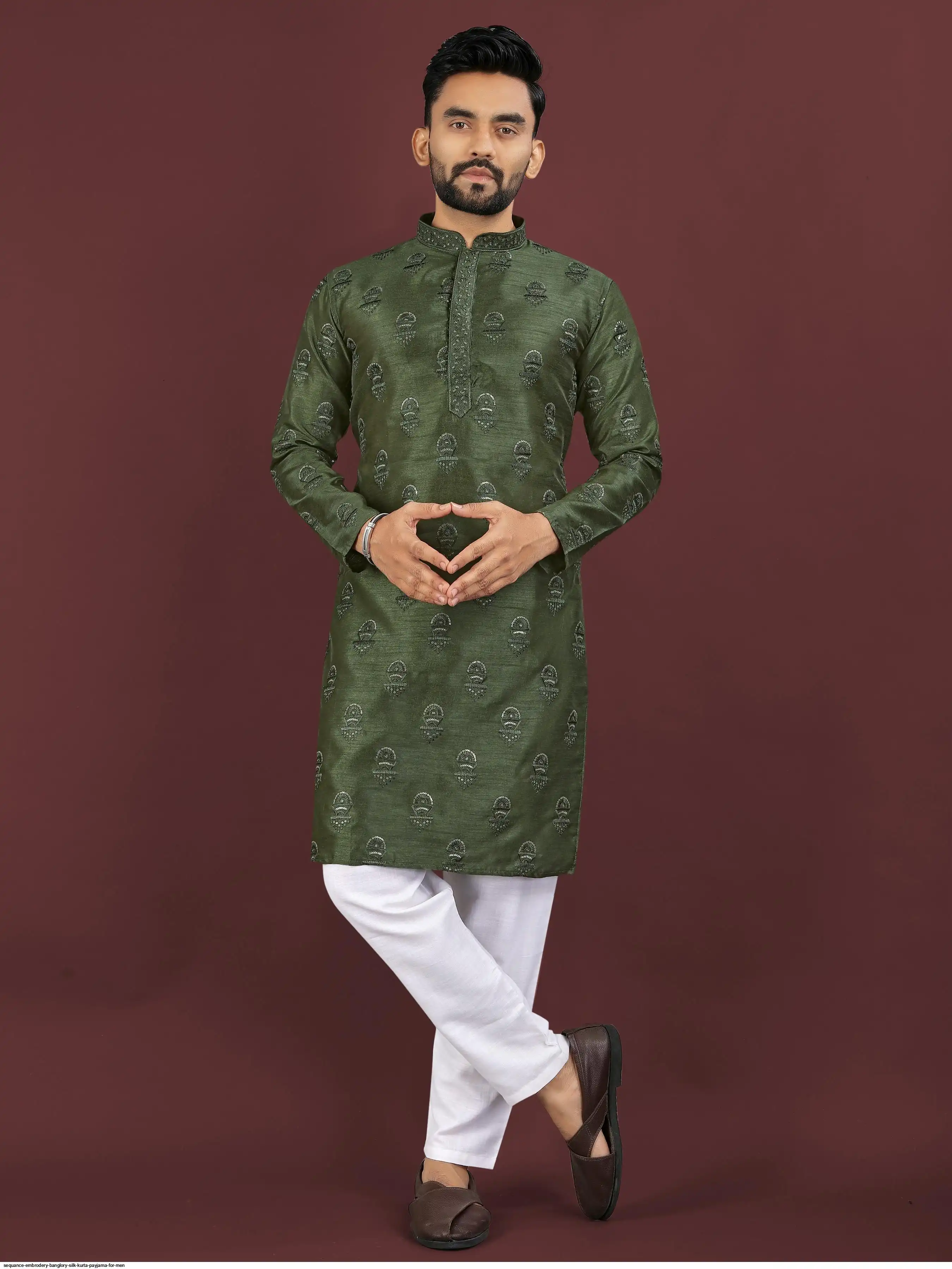 SEQUANCE EMBRODERY BANGLORY SILK KURTA PAYJAMA FOR MEN 4