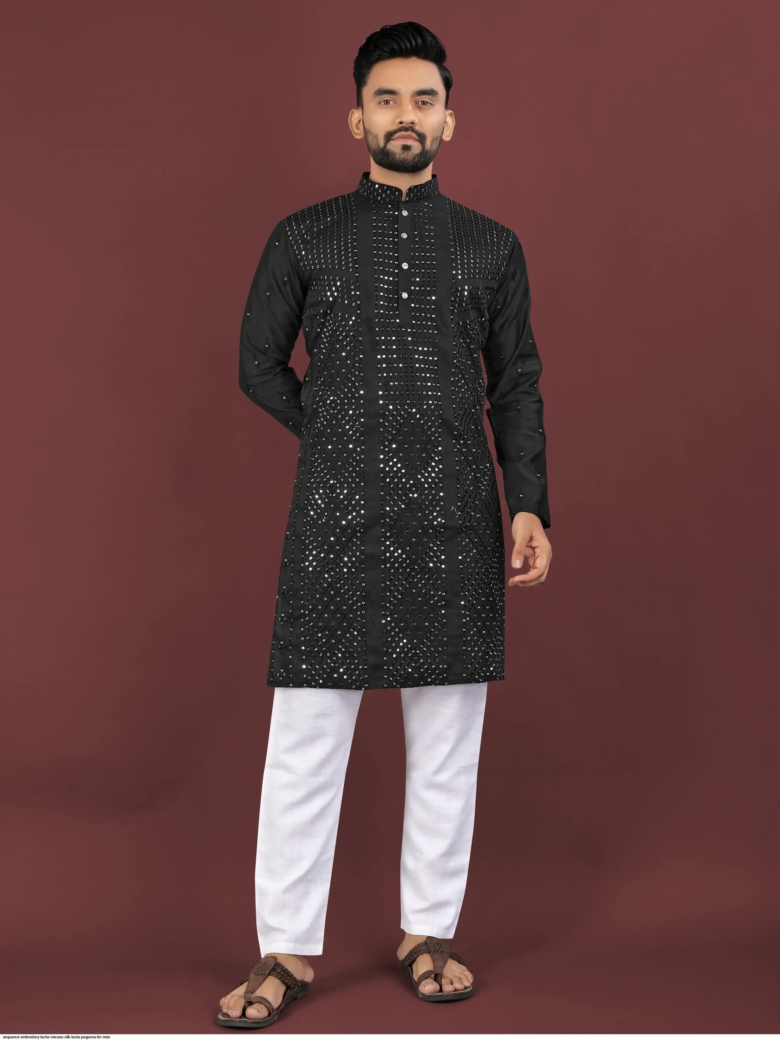 SEQUANCE EMBRODERY KURTA VISCOSE SILK KURTA PAYJAMA FOR MEN 2