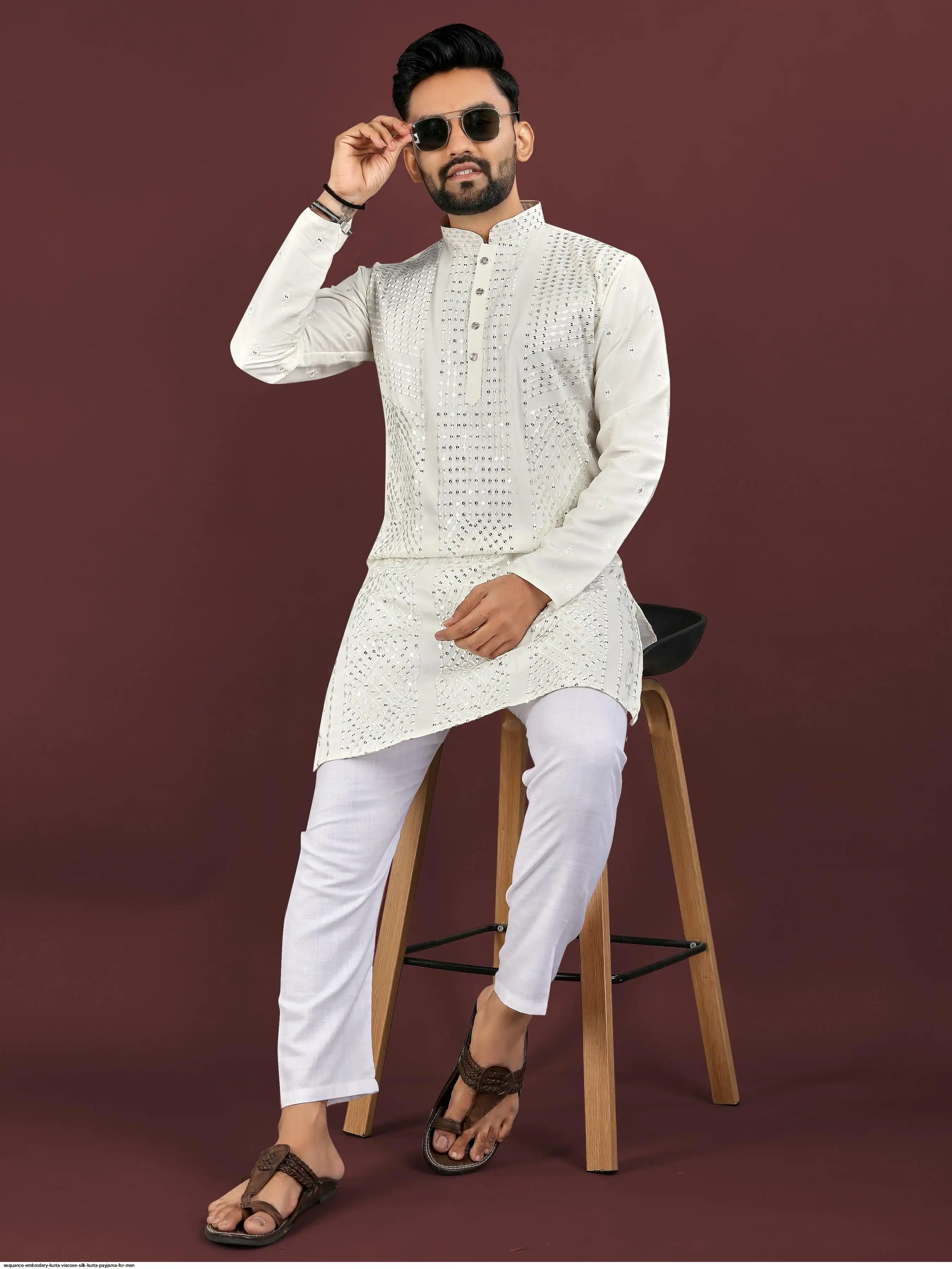 SEQUANCE EMBRODERY KURTA VISCOSE SILK KURTA PAYJAMA FOR MEN 3