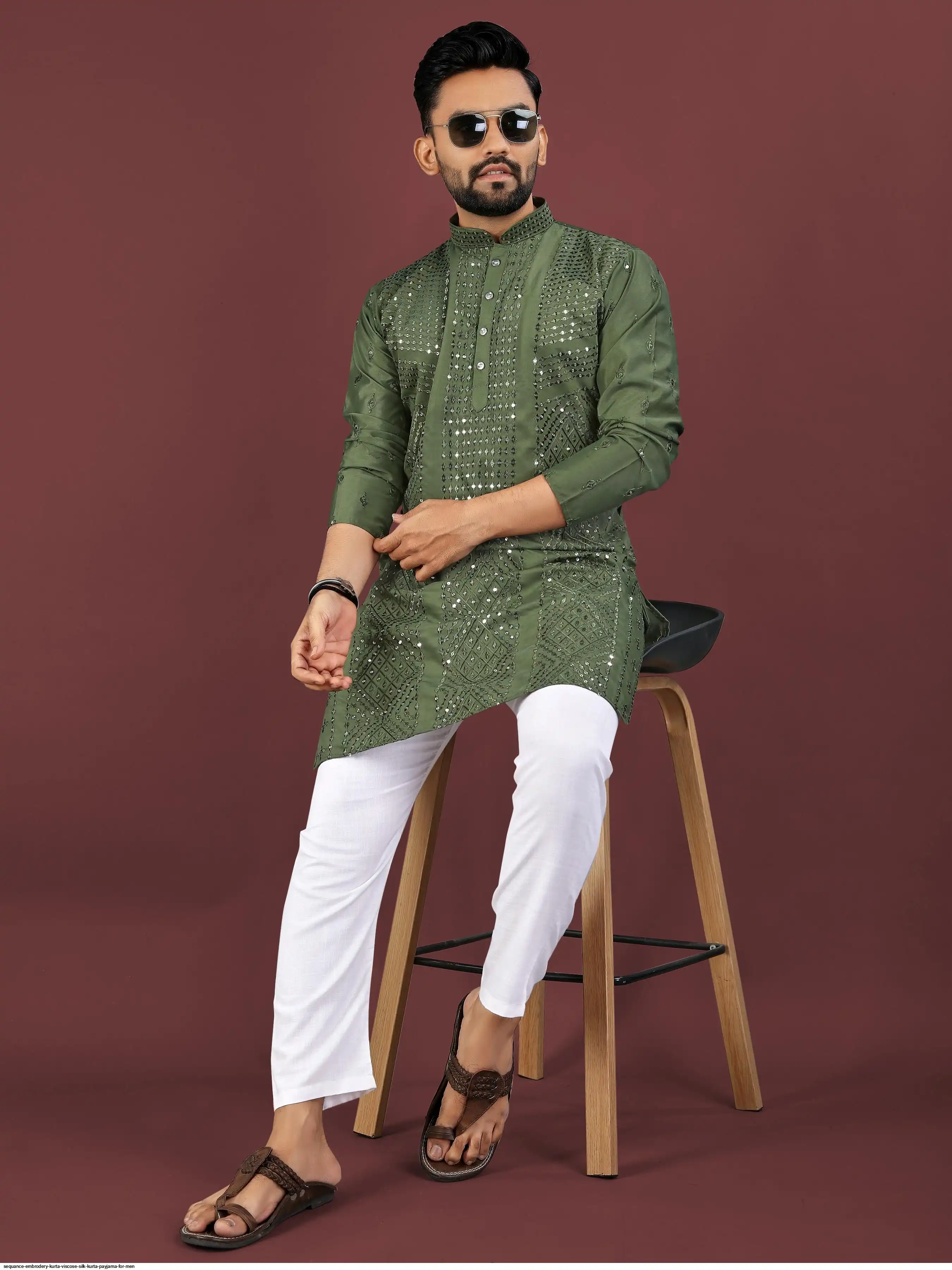 SEQUANCE EMBRODERY KURTA VISCOSE SILK KURTA PAYJAMA FOR MEN 4