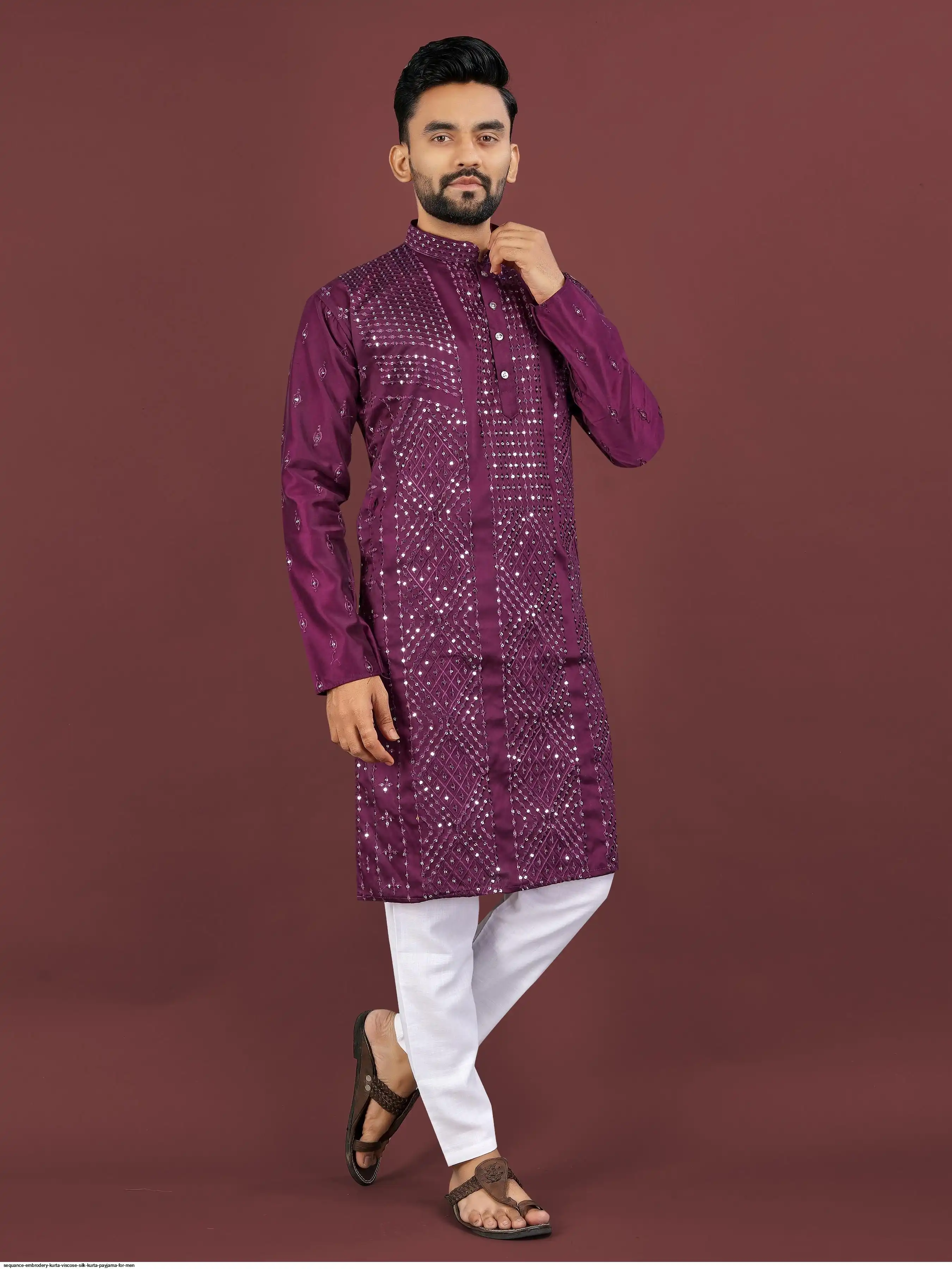 SEQUANCE EMBRODERY KURTA VISCOSE SILK KURTA PAYJAMA FOR MEN 5