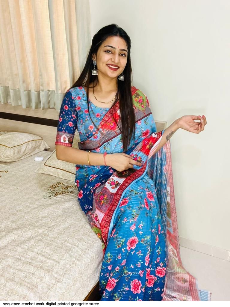 Coral Leheriya Digital Print Georgette Saree With Sequence Embroidery