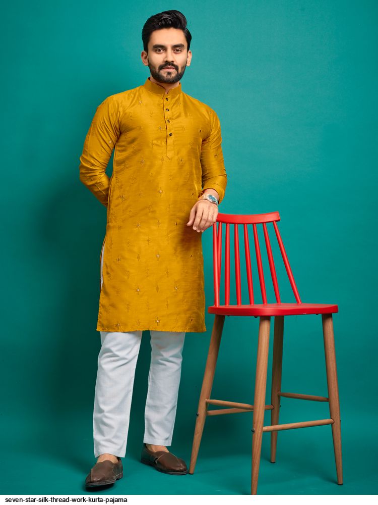 SEVEN STAR SILK THREAD WORK KURTA PAJAMA