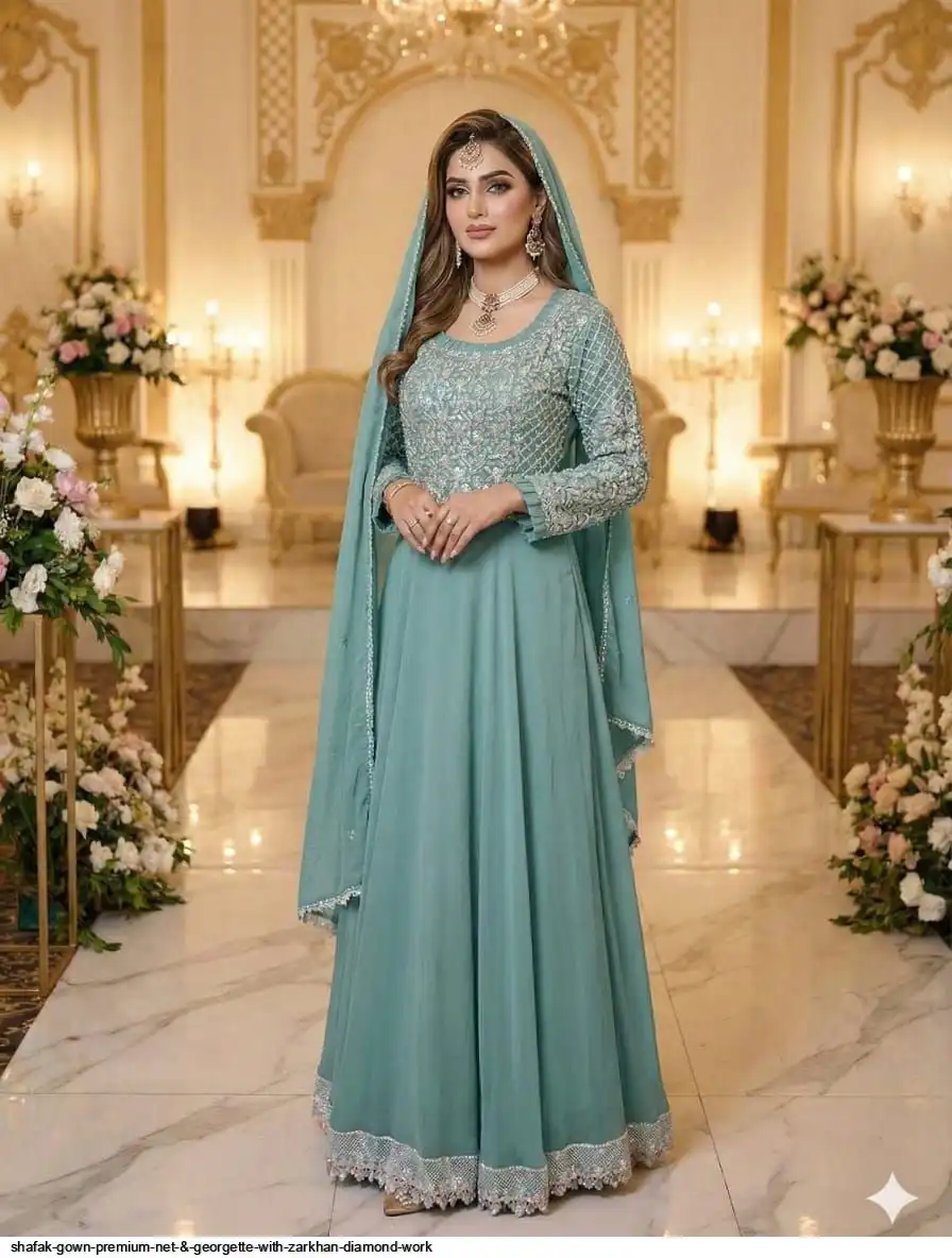 SHAFAK GOWN PREMIUM NET & GEORGETTE WITH ZARKHAN DIAMOND WORK A