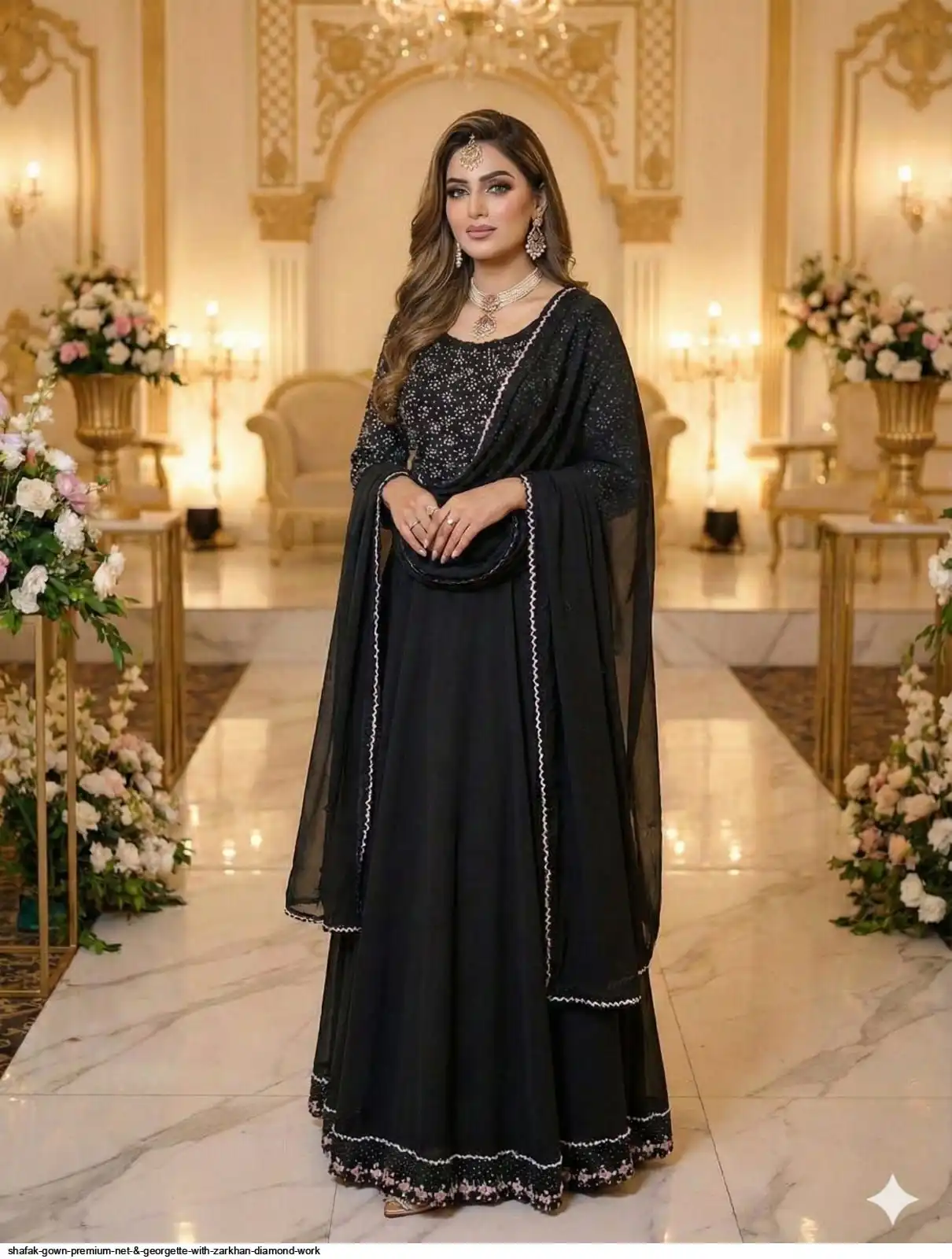 SHAFAK GOWN PREMIUM NET & GEORGETTE WITH ZARKHAN DIAMOND WORK C