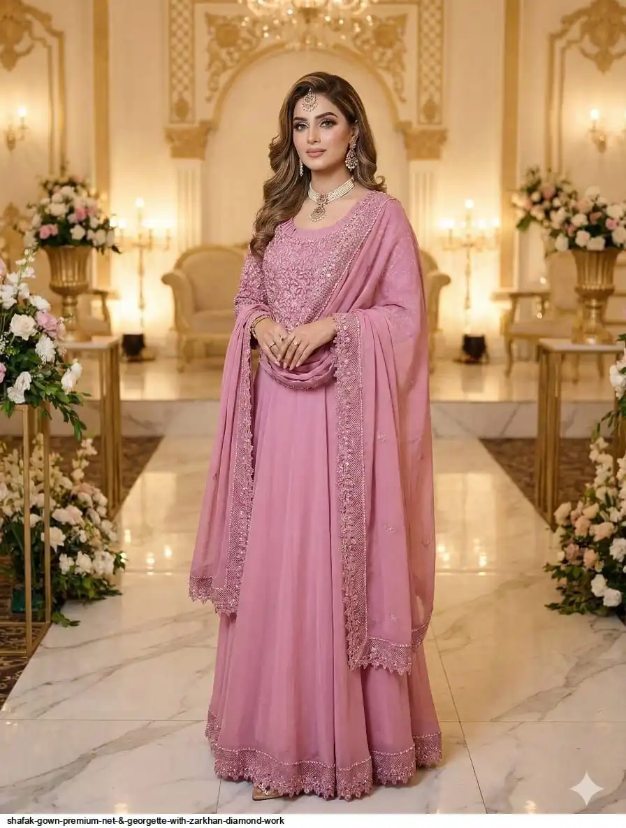SHAFAK GOWN PREMIUM NET & GEORGETTE WITH ZARKHAN DIAMOND WORK B