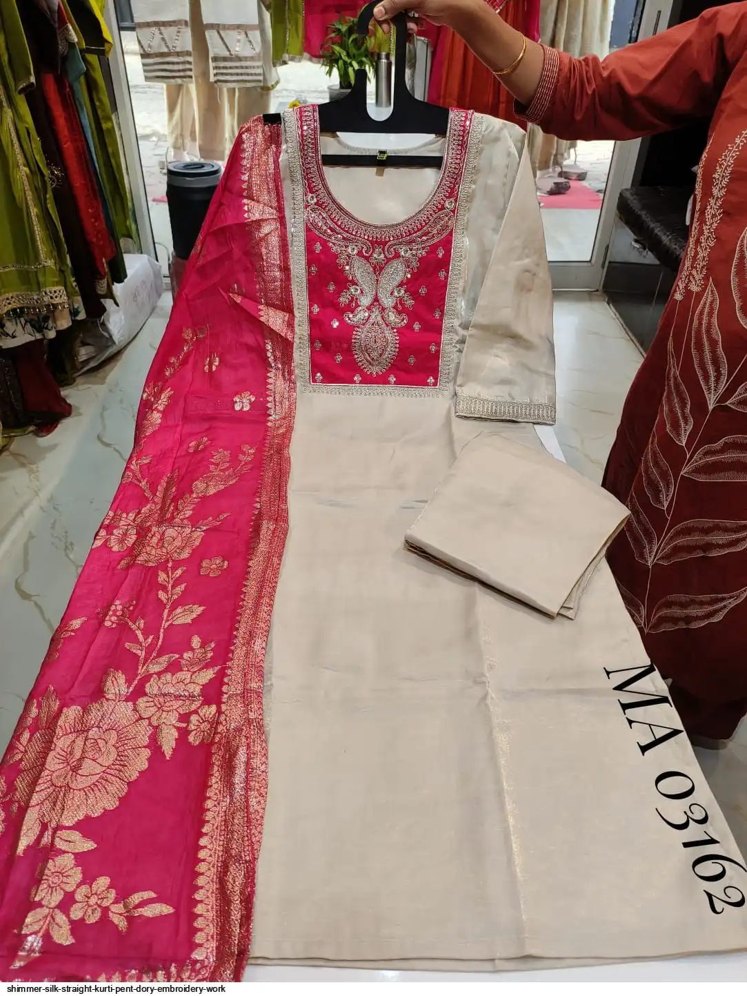 SHIMMER SILK STRAIGHT KURTI PENT DORY EMBROIDERY WORK MA 03162 B