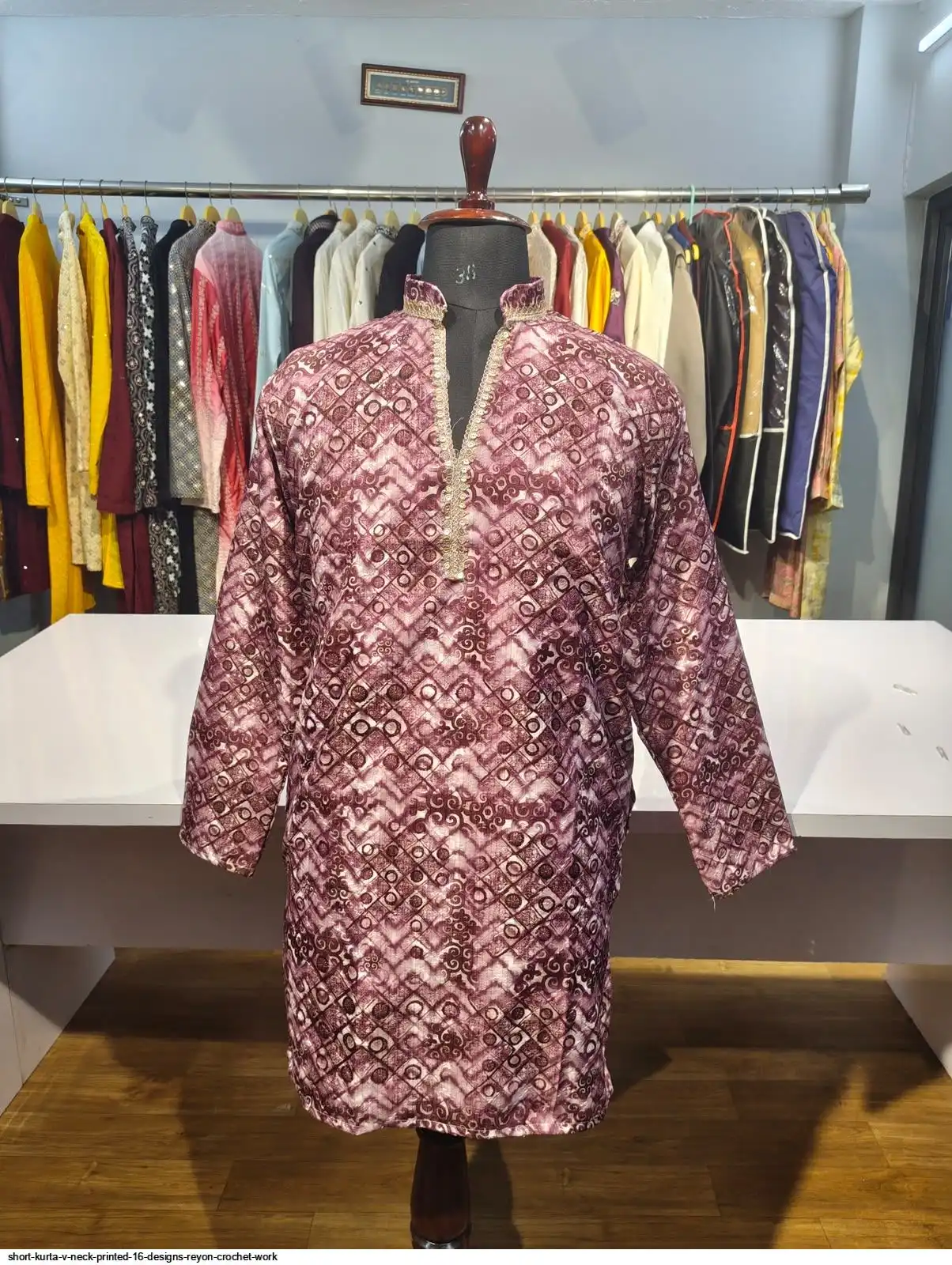 SHORT KURTA V NECK PRINTED 16 DESIGNS REYON CROCHET WORK L