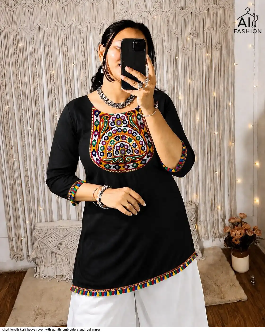 PANKHUDI 2 0 SHORT LENGTH KURTI HEAVY RAYON WITH GAMTHI EMBROIDERY AND REAL MIRROR B