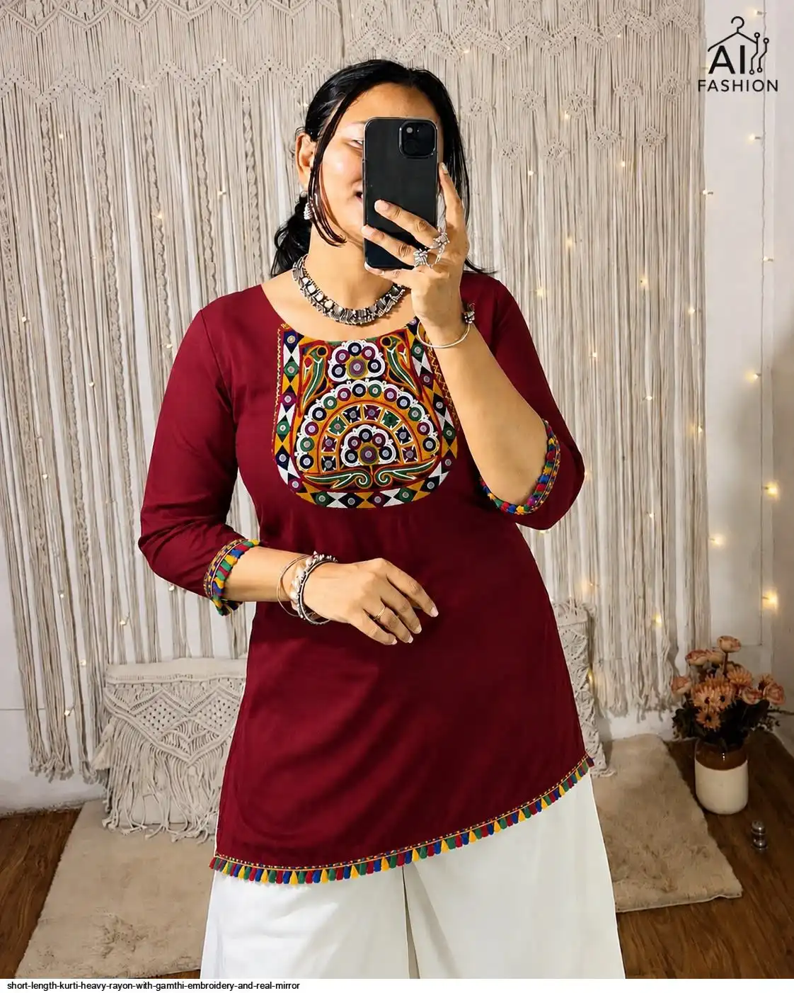 PANKHUDI 2 0 SHORT LENGTH KURTI HEAVY RAYON WITH GAMTHI EMBROIDERY AND REAL MIRROR A