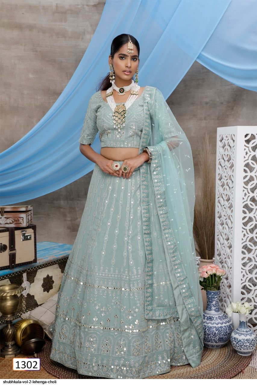 Blue And Yellow Color Silk Gota Patti Work Lehenga