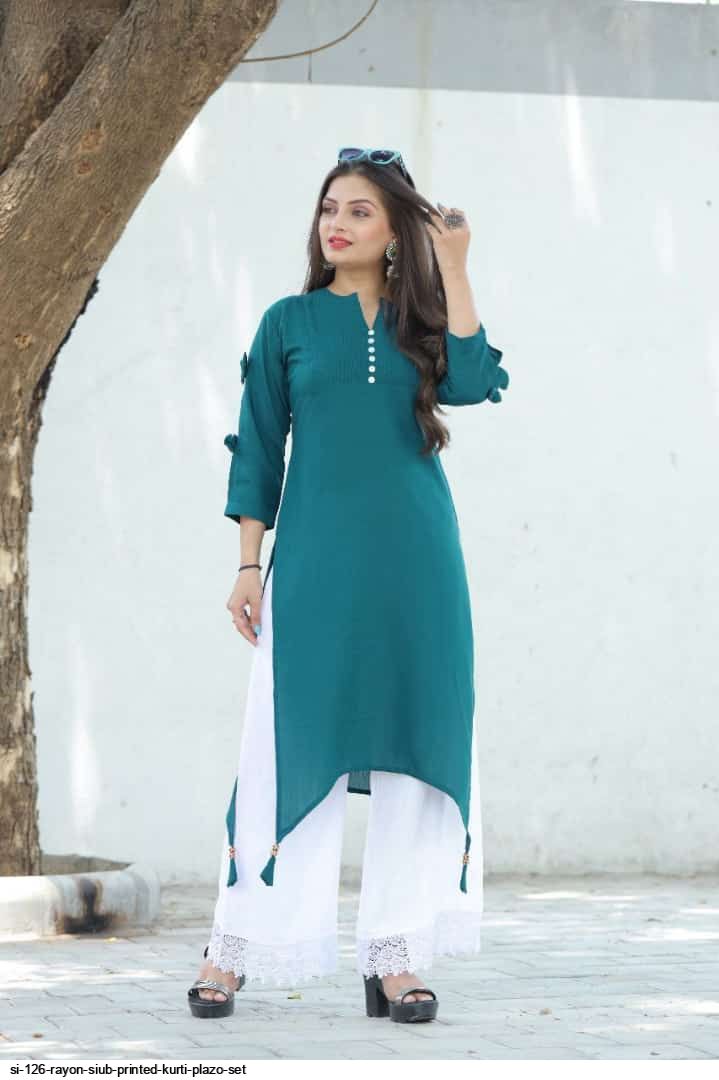 SI 126 RAYON SIUB PRINTED KURTI PLAZO SET D