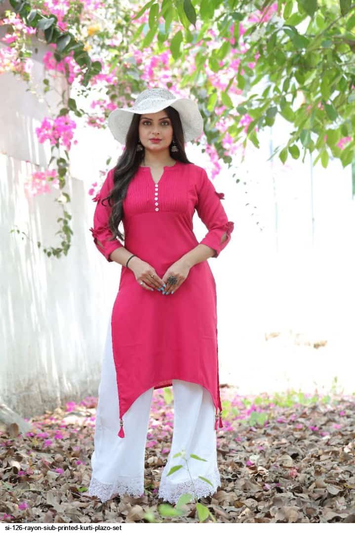 SI 126 RAYON SIUB PRINTED KURTI PLAZO SET B