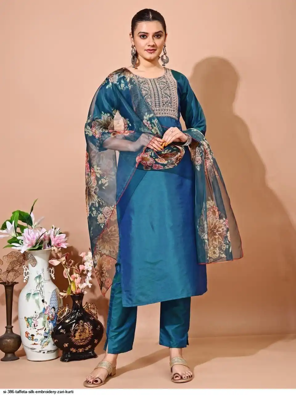SI 386 TAFFETA SILK EMBROIDERY ZARI KURTI 2