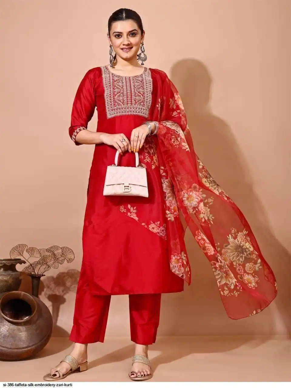 SI 386 TAFFETA SILK EMBROIDERY ZARI KURTI 3