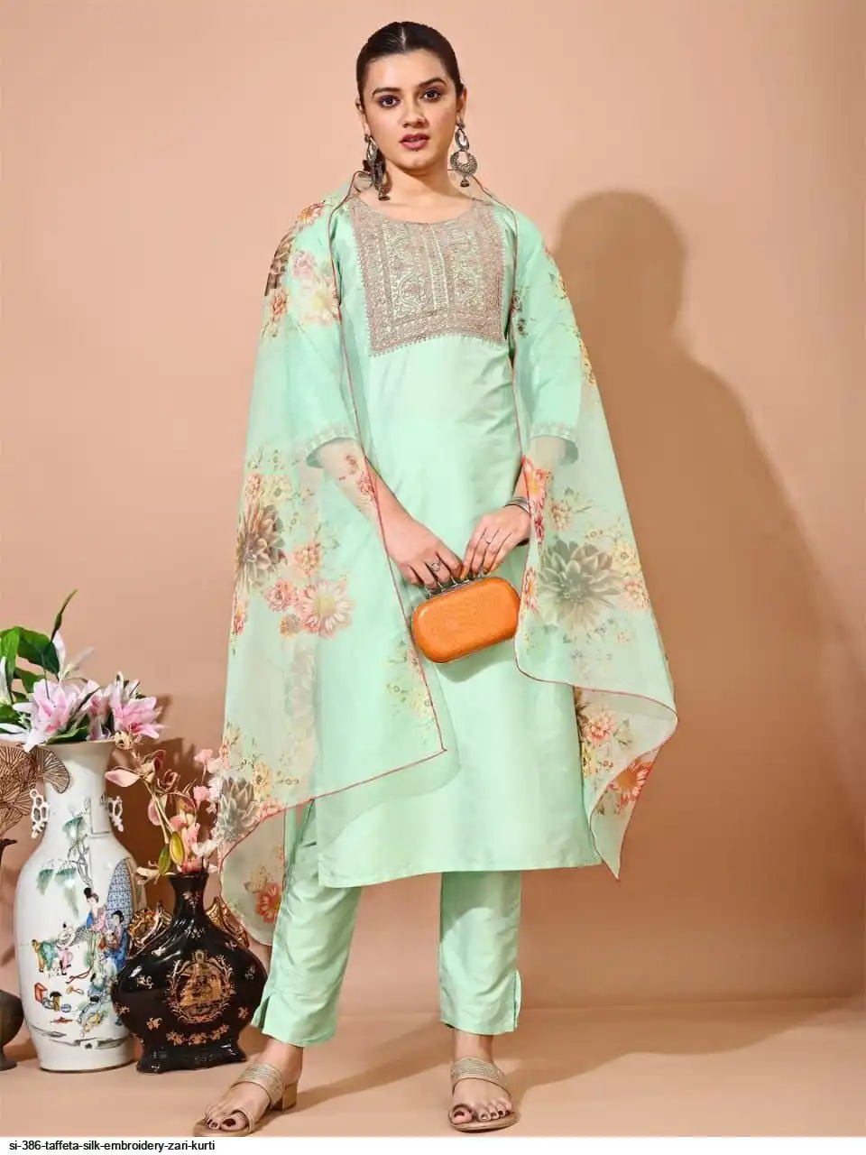 SI 386 TAFFETA SILK EMBROIDERY ZARI KURTI 4