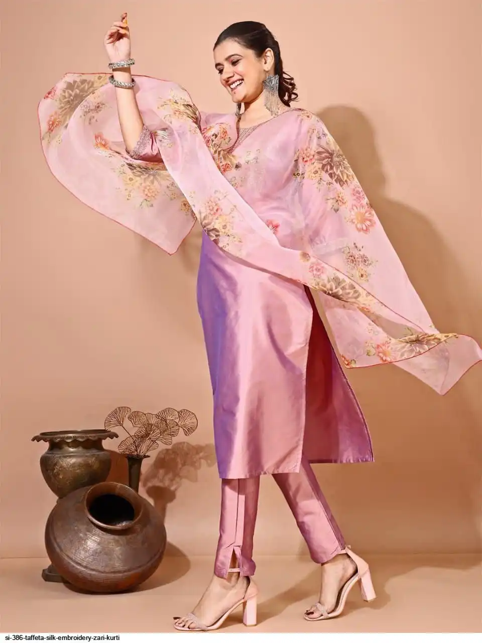 SI 386 TAFFETA SILK EMBROIDERY ZARI KURTI 5