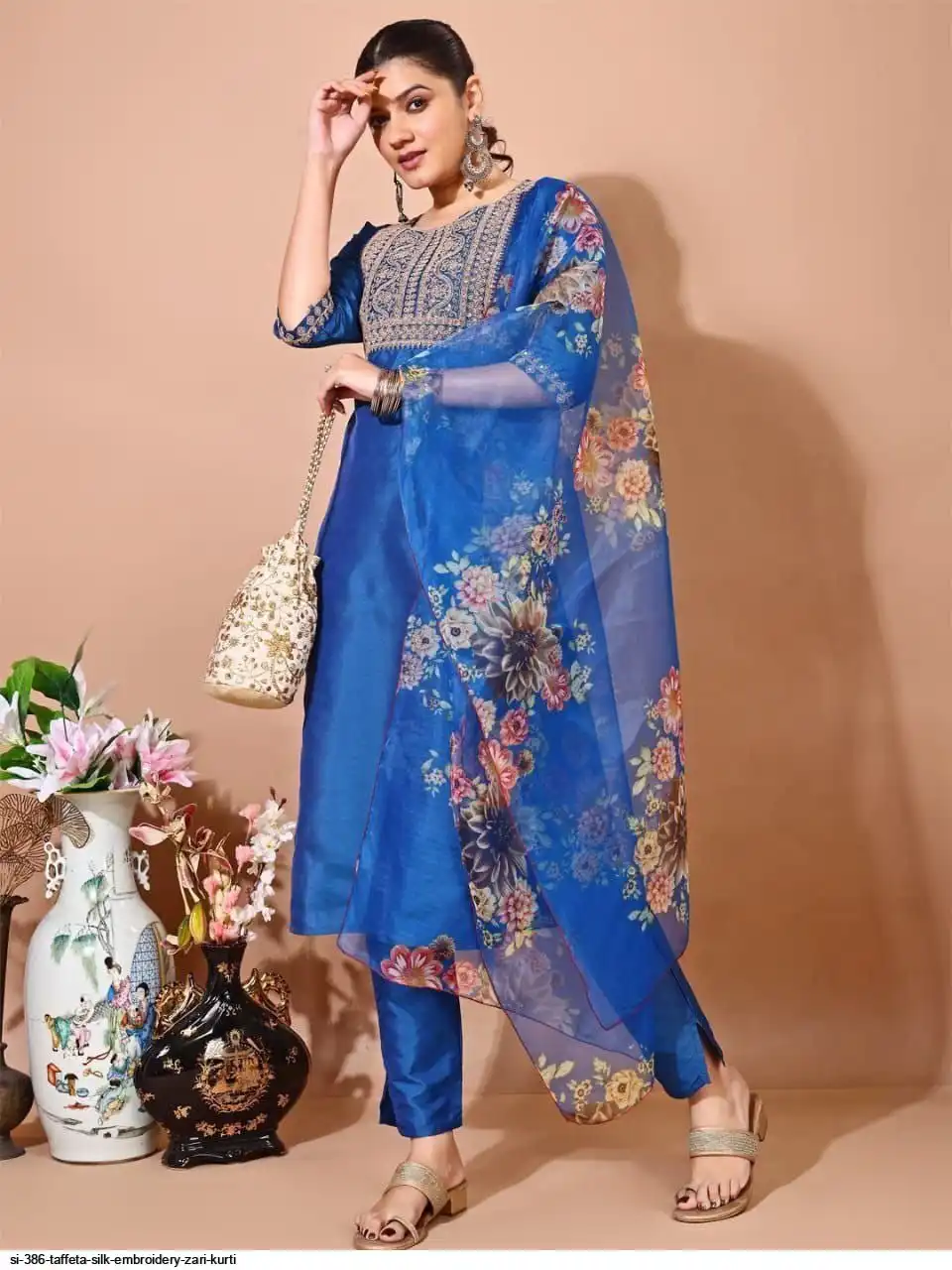 SI 386 TAFFETA SILK EMBROIDERY ZARI KURTI 6