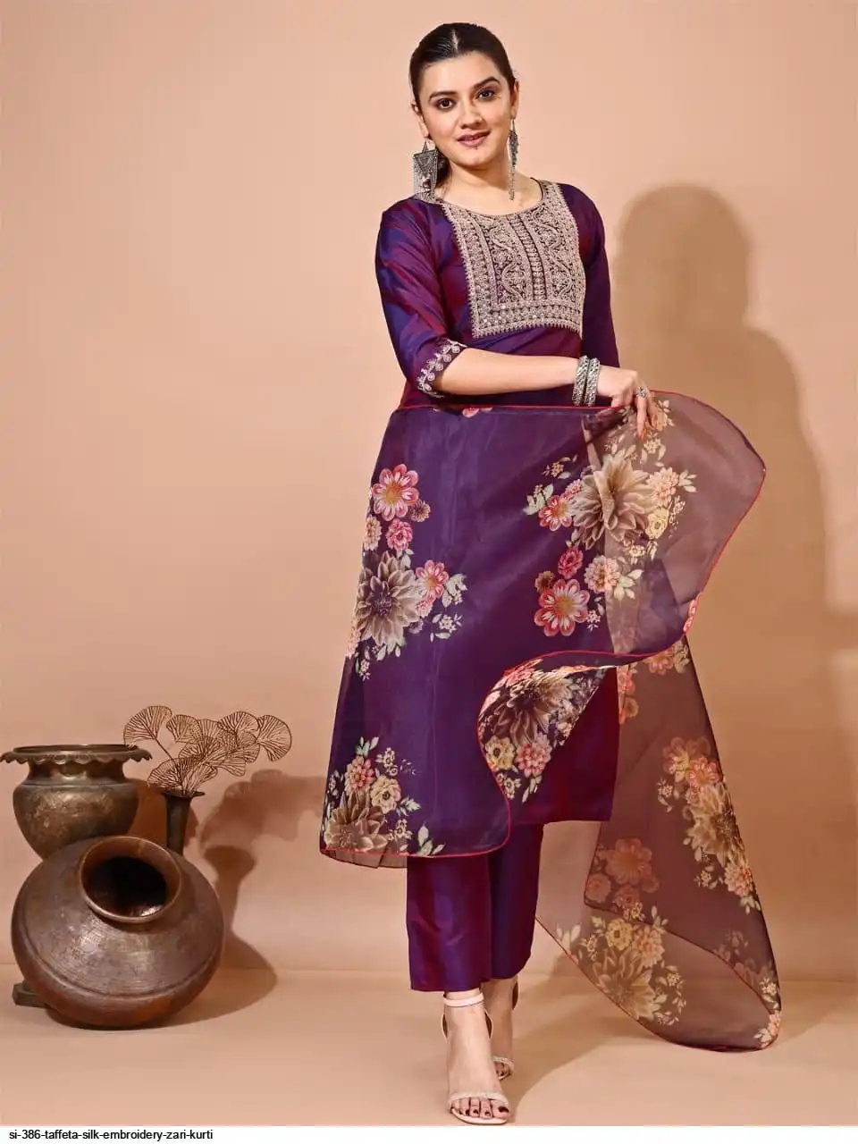 SI 386 TAFFETA SILK EMBROIDERY ZARI KURTI 9