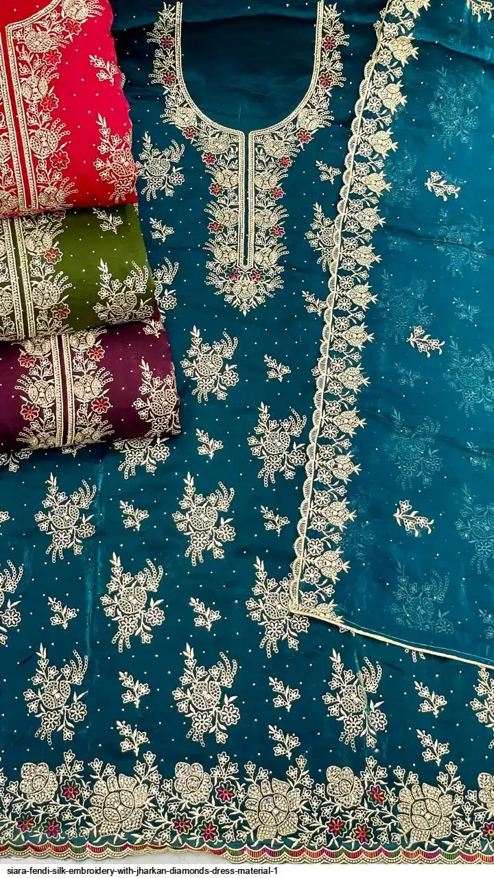 SIARA FENDI SILK EMBROIDERY WITH JHARKAN DIAMONDS DRESS MATERIAL 1