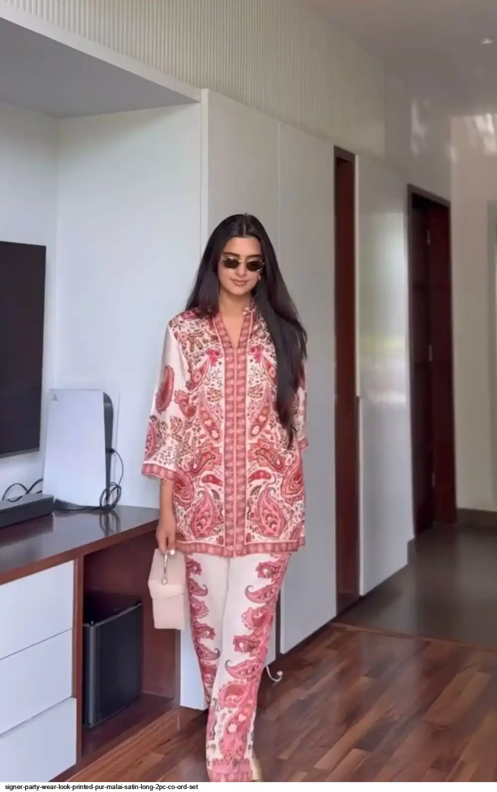 SIGNER PARTY WEAR LOOK PRINTED PUR MALAI SATIN LONG 2PC CO ORD SET 1