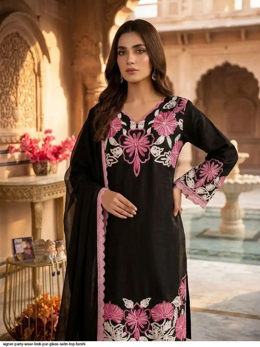 SIGNER PARTY WEAR LOOK PUR GLASS SATIN TOP FARSHI A