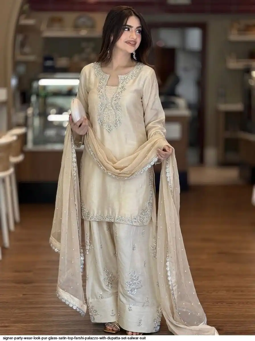 SIGNER PARTY WEAR LOOK PUR GLASS SATIN TOP FARSHI PALAZZO WITH DUPATTA SET SALWAR SUIT 1
