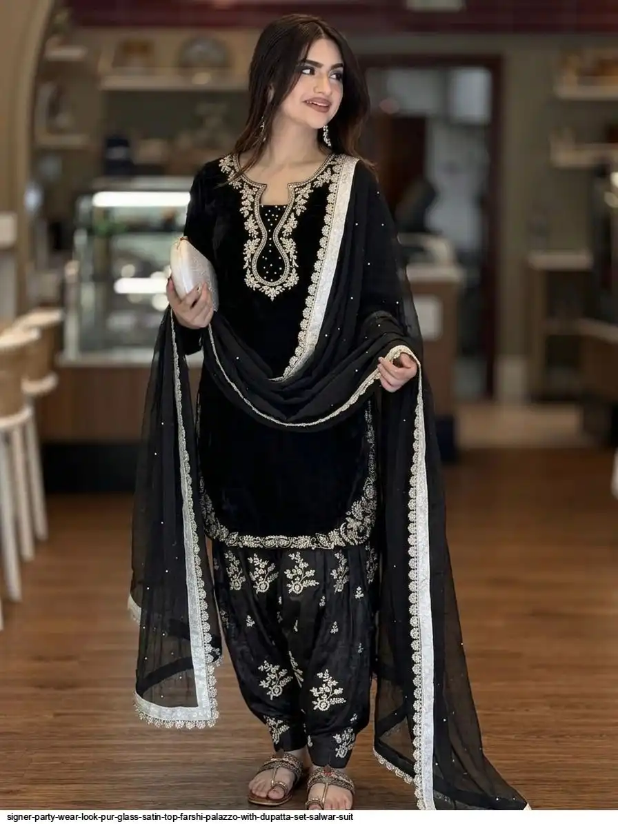 SIGNER PARTY WEAR LOOK PUR GLASS SATIN TOP FARSHI PALAZZO WITH DUPATTA SET SALWAR SUIT 2