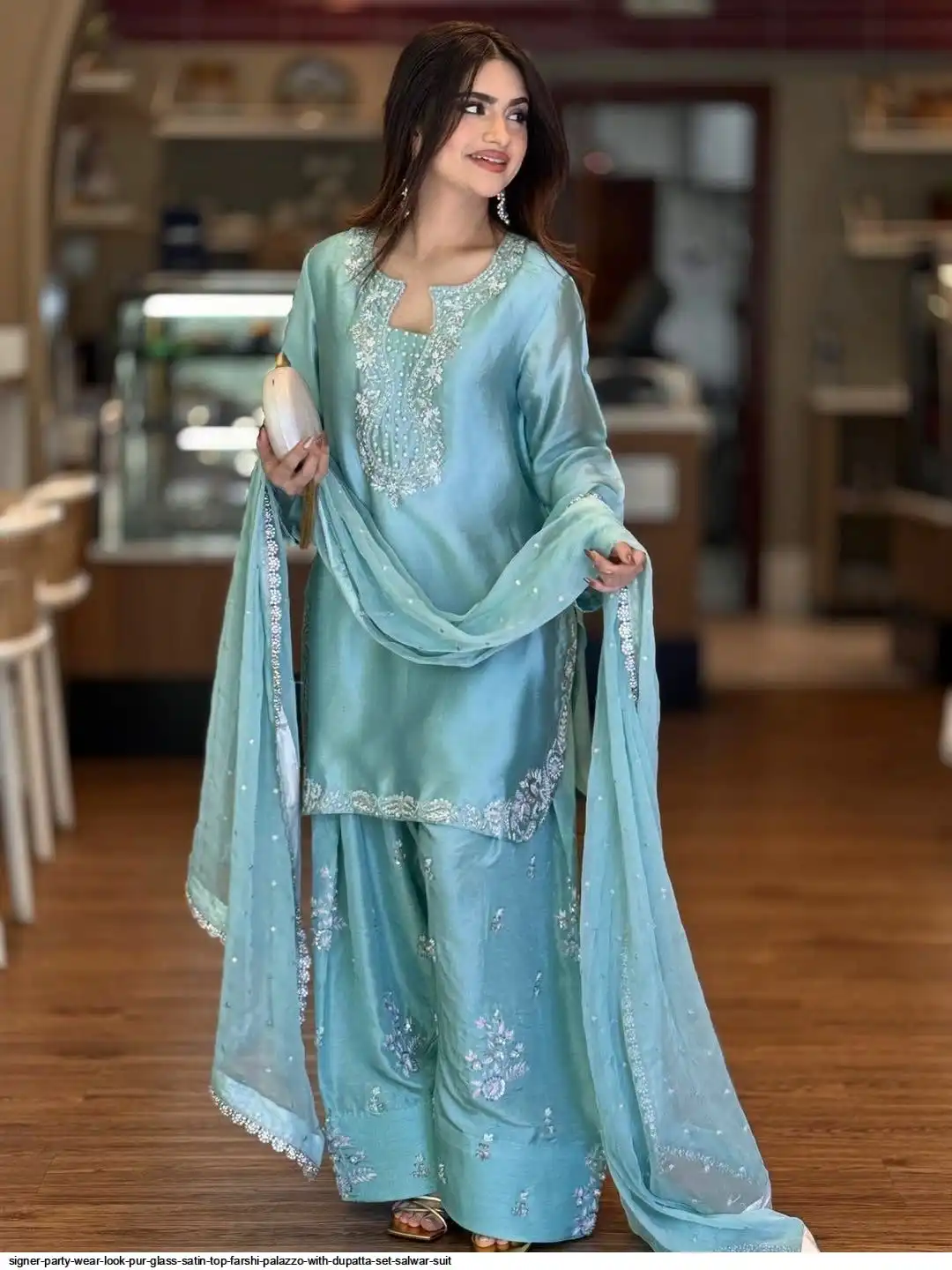 SIGNER PARTY WEAR LOOK PUR GLASS SATIN TOP FARSHI PALAZZO WITH DUPATTA SET SALWAR SUIT 3