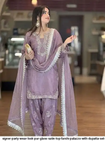 SIGNER PARTY WEAR LOOK PUR GLASS SATIN TOP FARSHI PALAZZO WITH DUPATTA SET SALWAR SUIT 5
